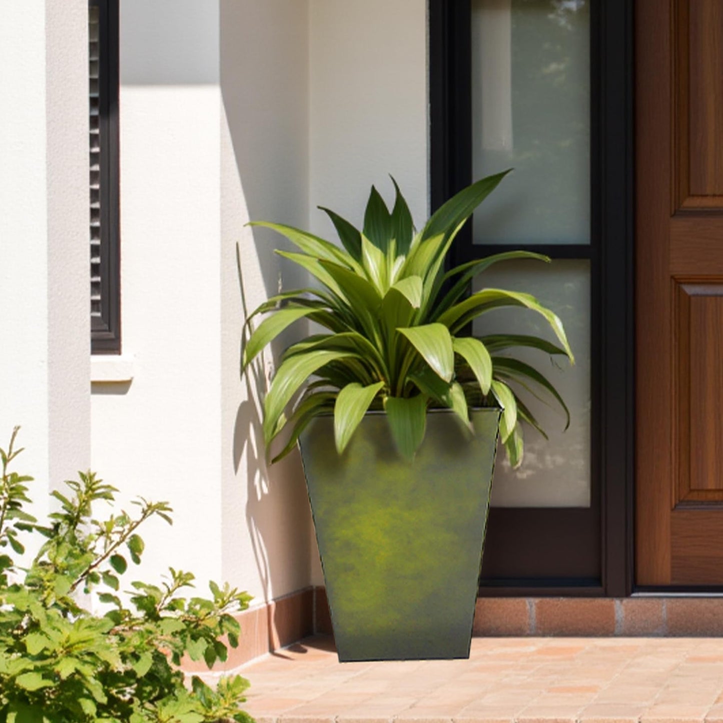 Worth Garden Large Metal Glazed Floor Planter Set of 2-14" Dia x 18" H - Luxurious Glossy Finish Green Tall Square Tapered Steel Plant Pots, Decor Flower Pot Indoor & Outdoor, Drainage Hole