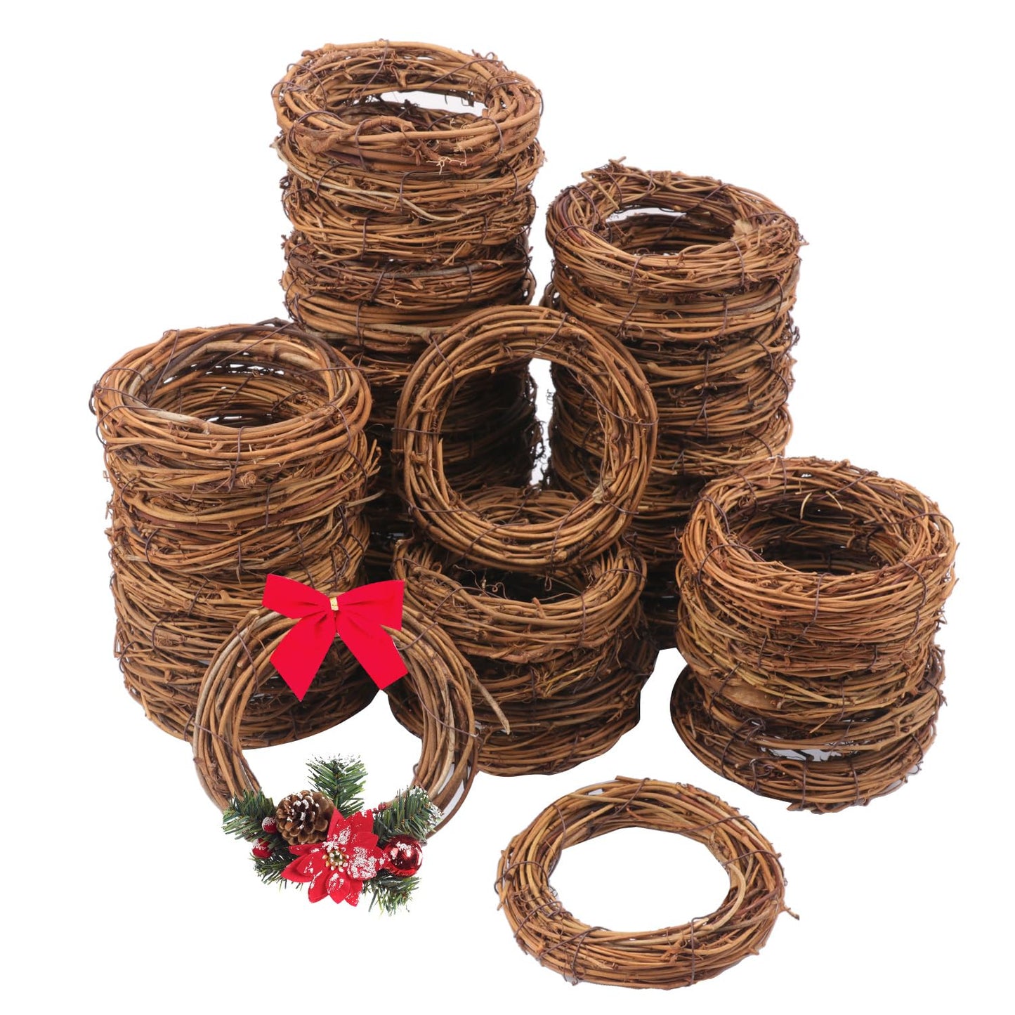 Yiksonyo 40 Pcs 4 Inch Natural Grapevine Wreath Set, Natural Rattan Wreath,Hand-Woven 4 Inch Vine Branch Wreaths, Perfect for DIY Crafts, Christmas Decorations, and Wedding Supplies