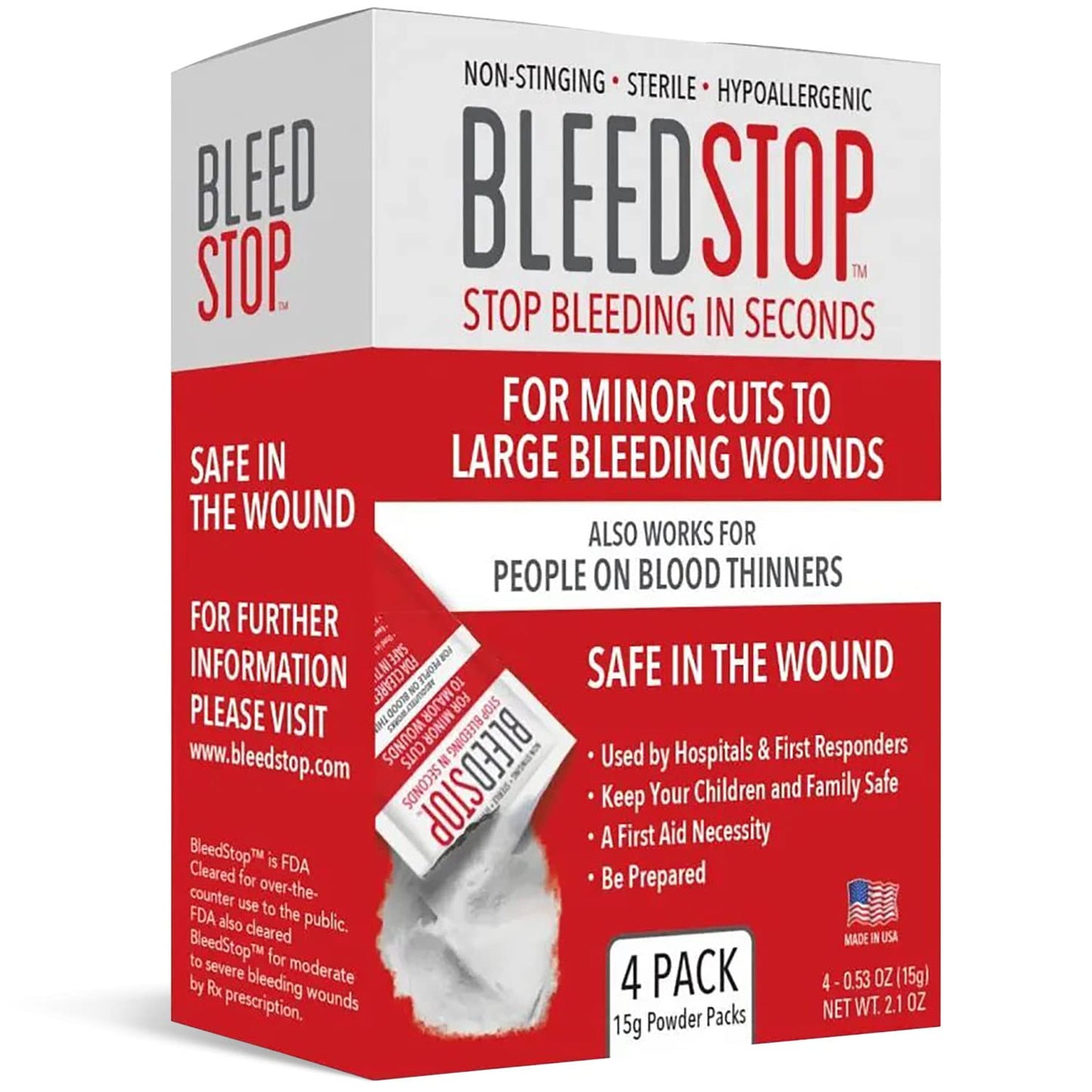 BleedStop™ First Aid Powder and Strip for Blood Clotting, Trauma Kit, Blood Thinner Patients, Camping Safety, and Survival Equipment for Moderate to Severe Bleeding Wounds or Nosebleeds