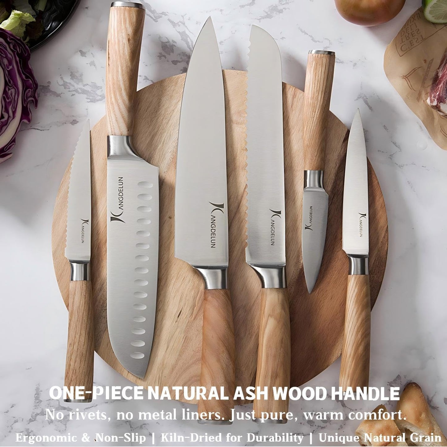 Kangdelun Ultra Sharp 15-Piece Kitchen Knife Set, High Carbon Stainless Steel Blades, Torrefied Natural Wood Handles, Ergonomic Design, Space-Saving White-Finished Wood Block, Easy Hand Wash, Gift Box