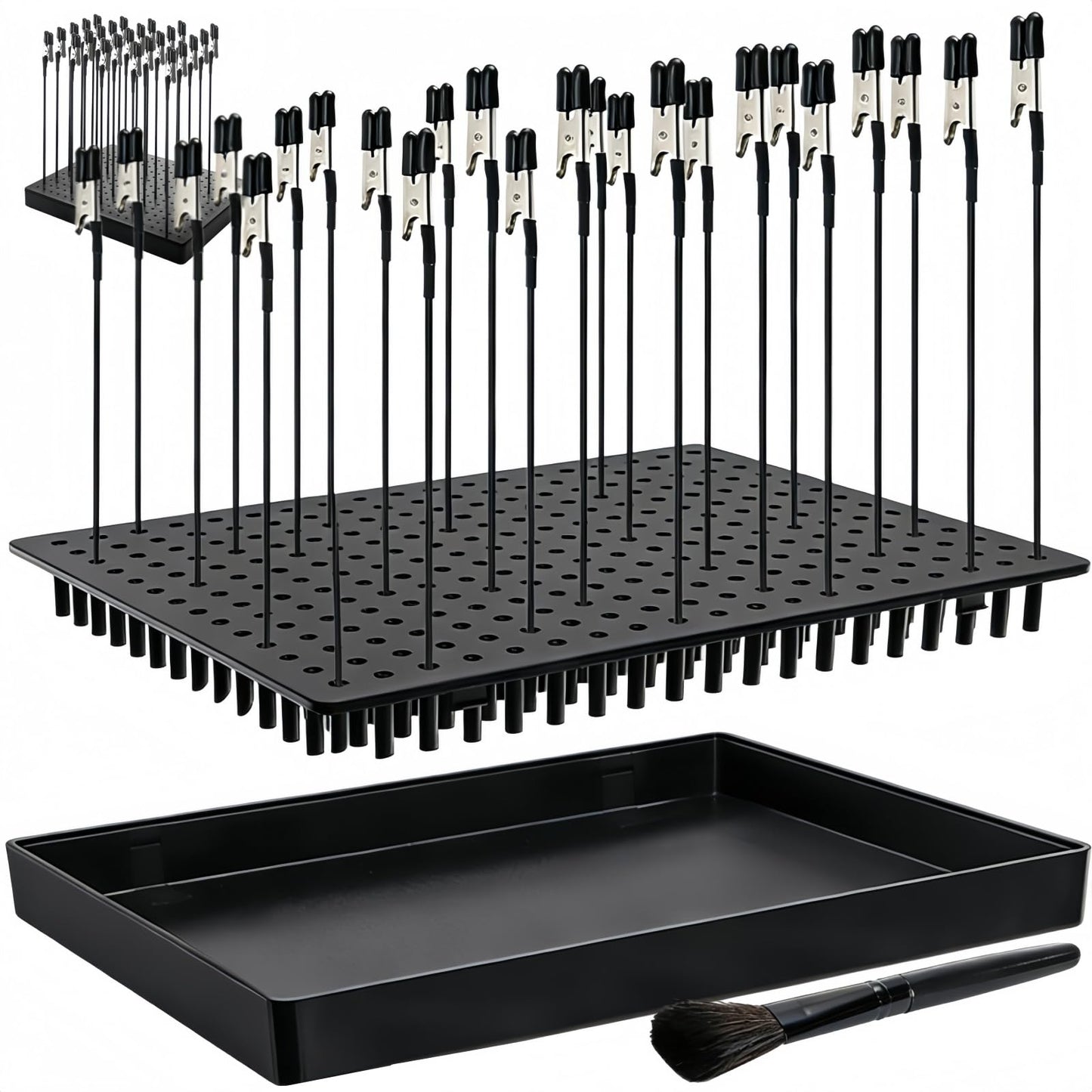 Tlence 19 x 14 Holes Model Painting Stand Base, 25 PCS Alligator Clip Sticks with Rubber Tips, Airbrush Spray Holder with Clean Brush, Clamping Tools Set for Model Parts Assemble DIY Crafts Photo Memo