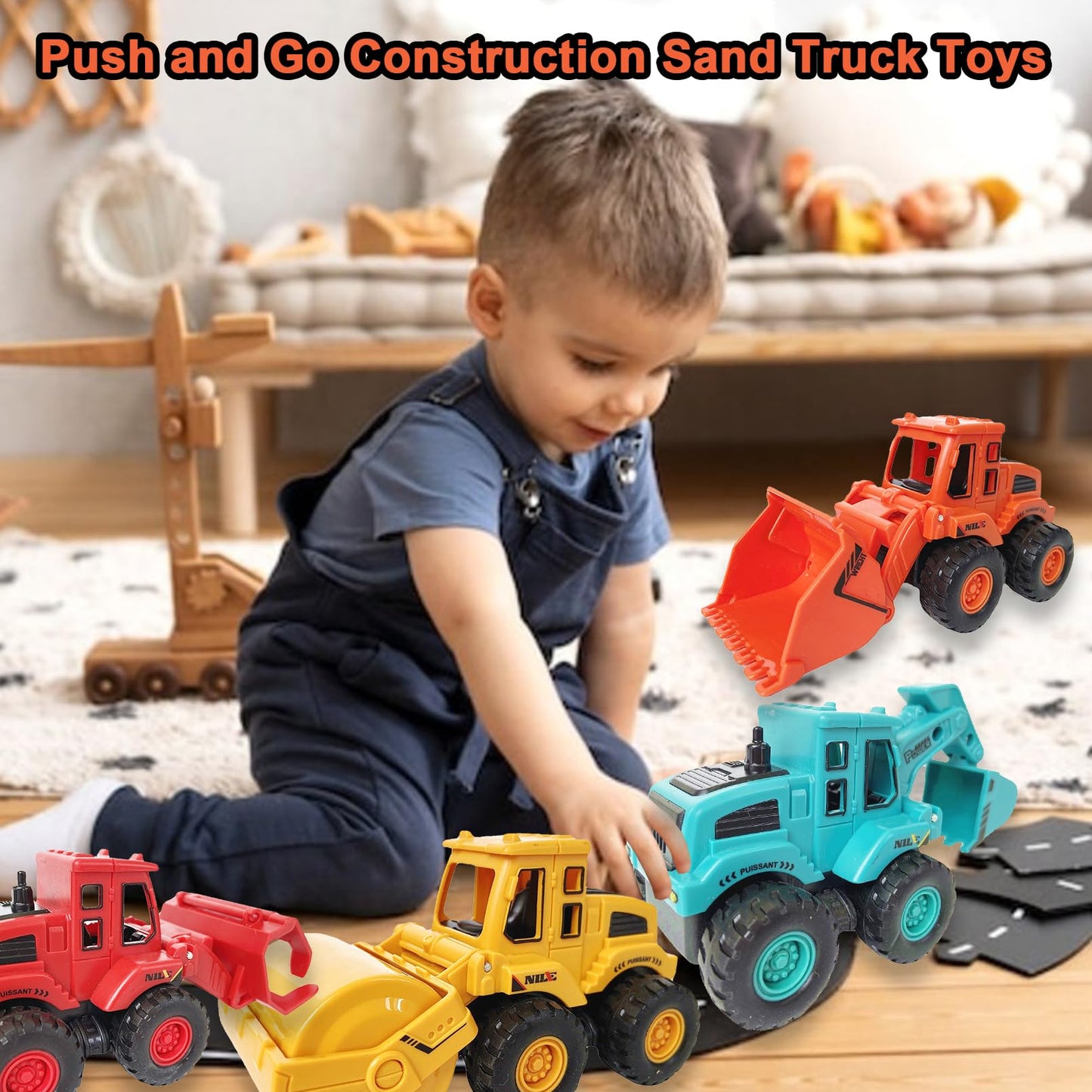 exinddea 4PCS Construction Toys,Friction Powered Construction Truck Toys Vehicles,Mini Construction Vehicles Toys Sand Truck Toys,Bulldozer Excavator Roller Truck Toys Gift for Kids Boys Girls