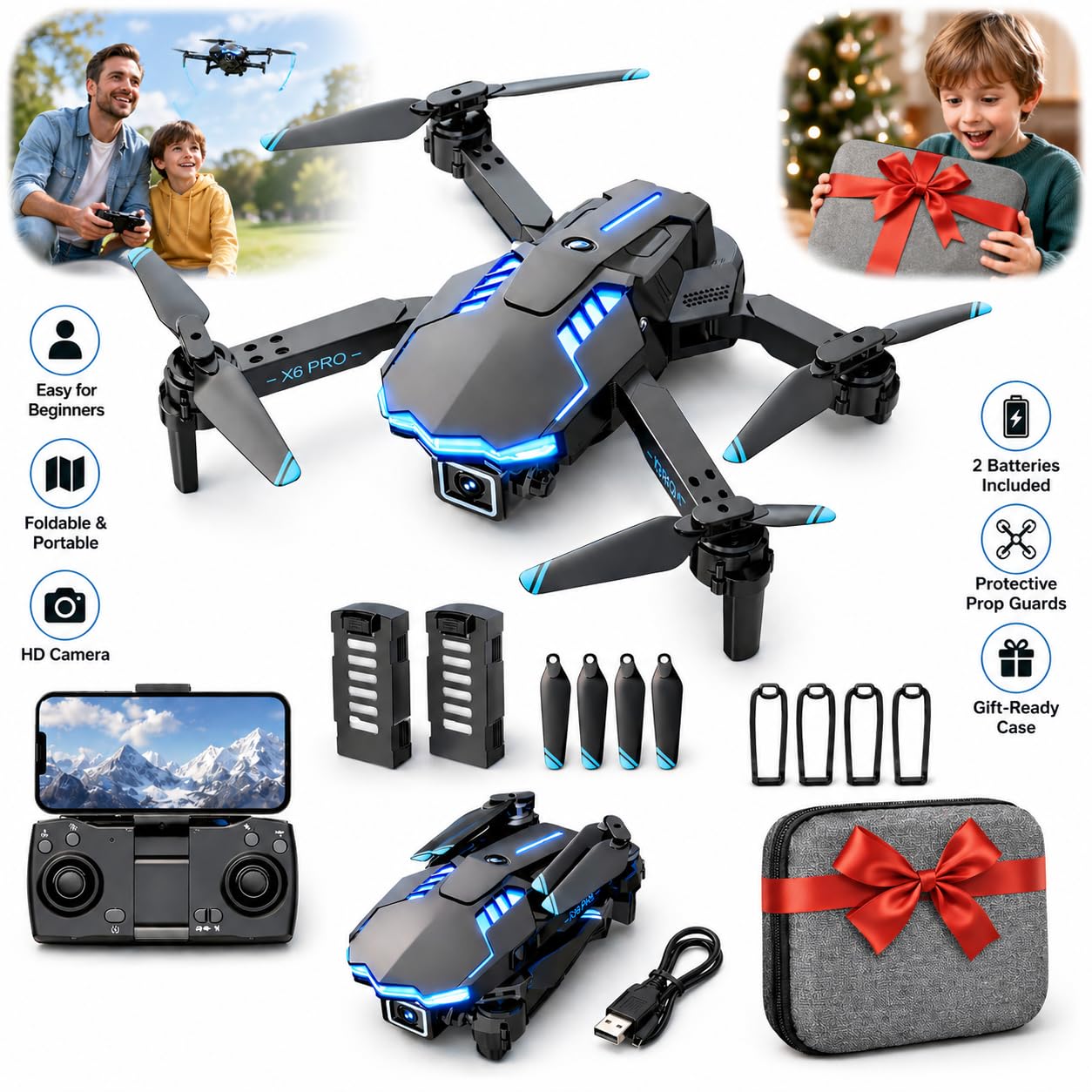Drone with Camera 1080P with Brushless Motor Mini Drone for Beginner, Long Fly Time, One Key Start, Headless Mode, 2 Batteries, RC Quadcopter Helicopter Toy Gifts for Teen Boys and Girls
