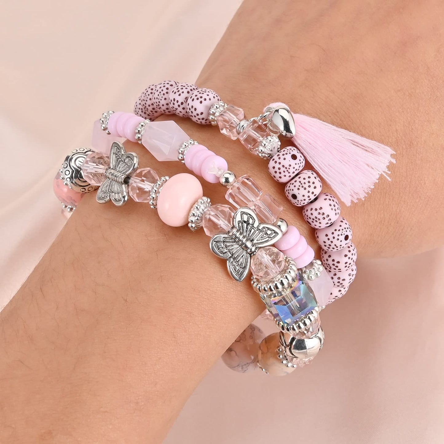 Bohemian Bracelet Sets for Women - 6 Sets Stackable Stretch Bracelets Multi-color Boho Jewelry for Women Hippie Bracelets Dainty Jewelry Best Friend Gift (Butterfly Stretch Bracelets Set)