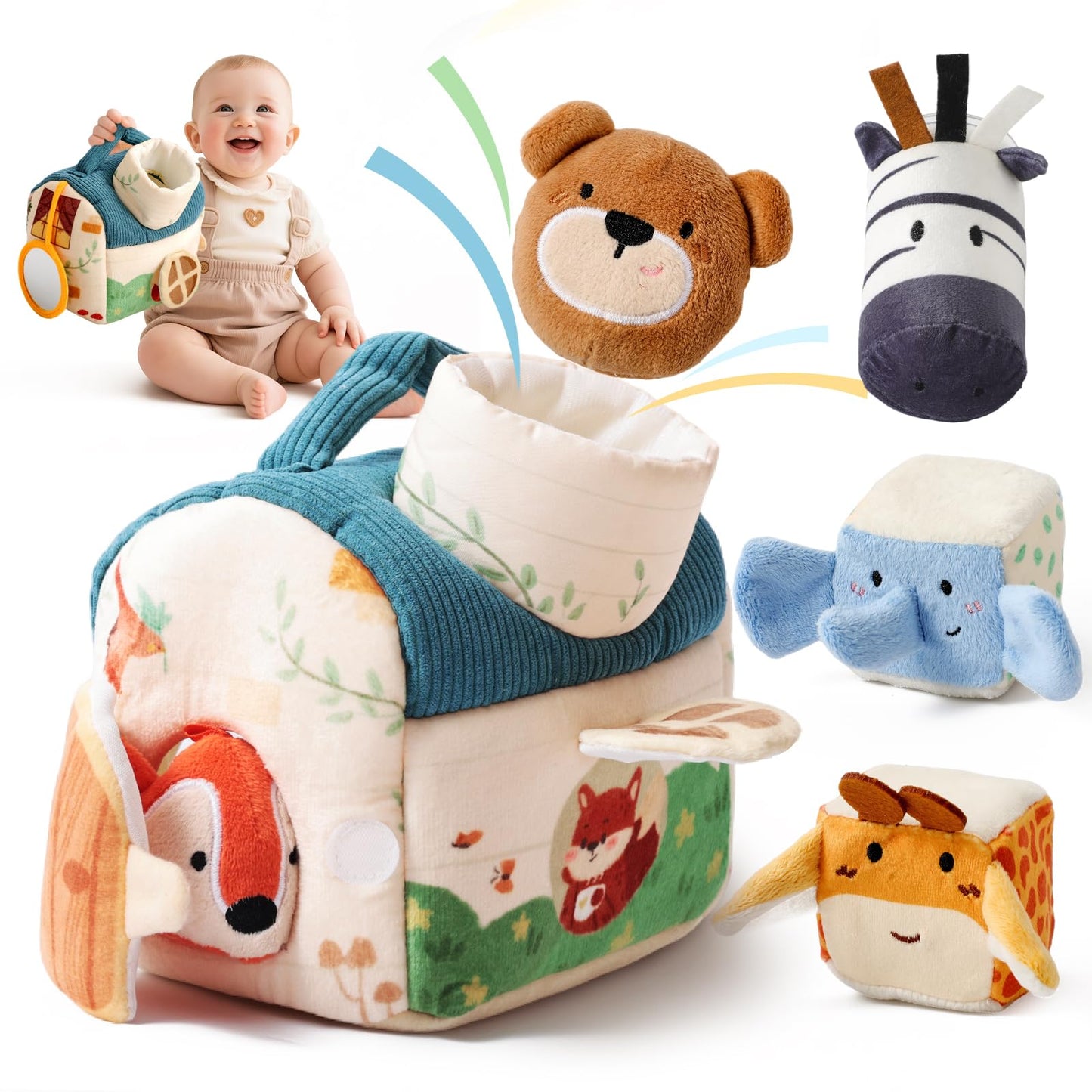 Youuys Travel Sensory Toys for Babies 6-12 Months & Toddlers 1-3 Year Old On-The-Go Montessori Soft Stuffed Animal Set with Crinkle, Rattle, Safe Mirror Educational for Kids Boy Girl