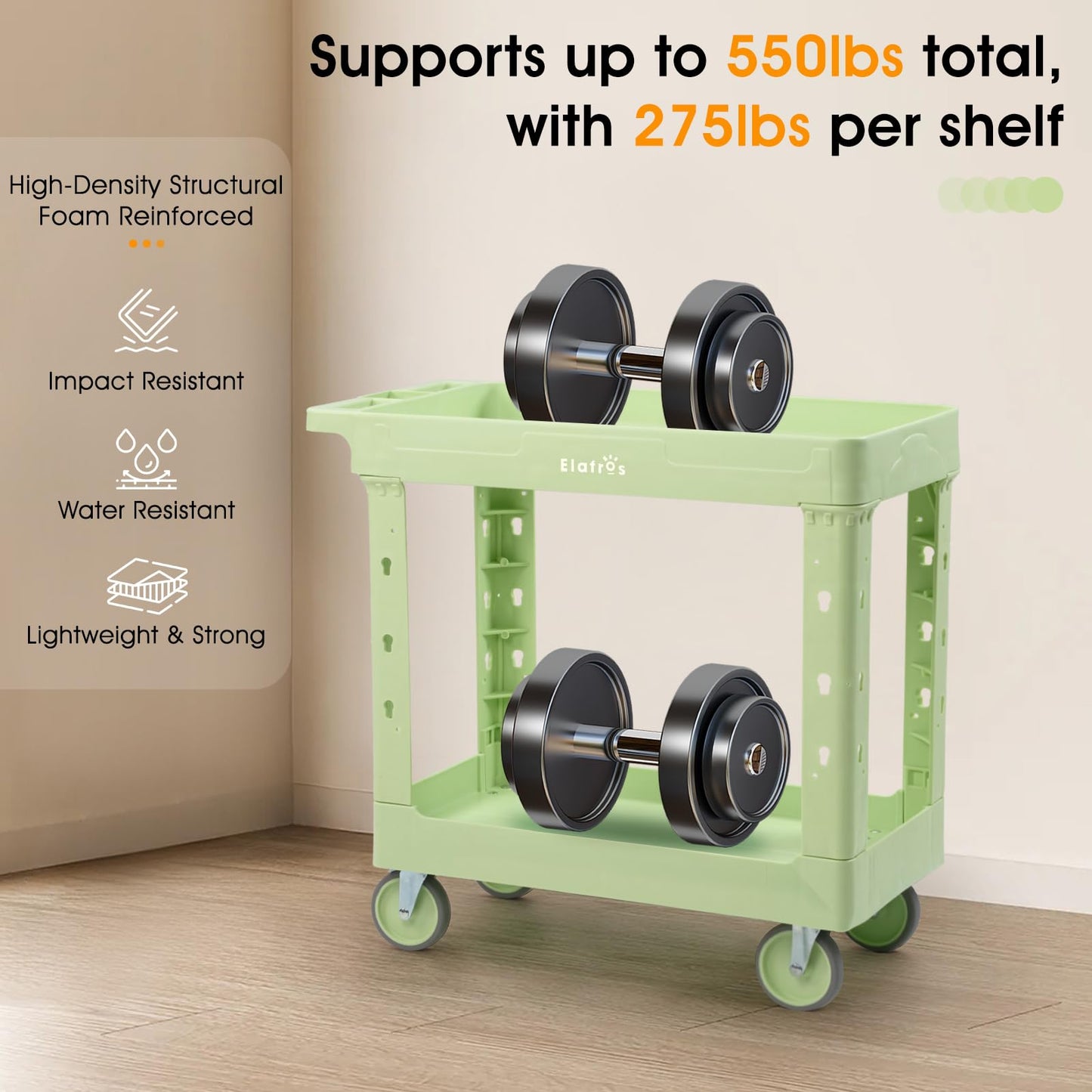 ELAFROS 2-Tier Plastic Utility Cart with Deep Tub Shelves, 34 x 17 in Rolling Work Cart, Swivel Casters, 550 lbs Capacity, Pistachio Green
