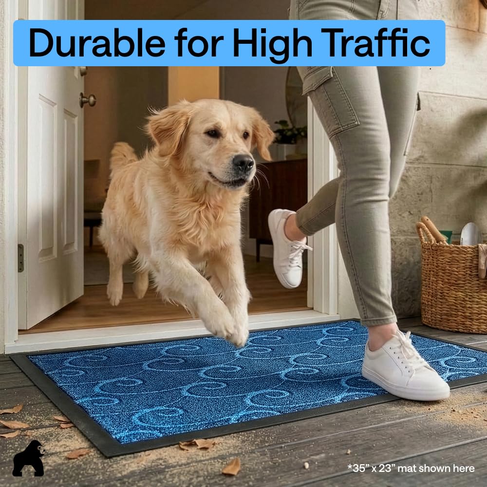 GORILLA GRIP 100% Waterproof All-Season WeatherMAX Doormat, US Designed Natural Rubber, Stain and Fade Resistant, Low Profile Indoor Outdoor Door Mats, Easy Clean Patio Mat, 29x17, Ocean Blue Waves