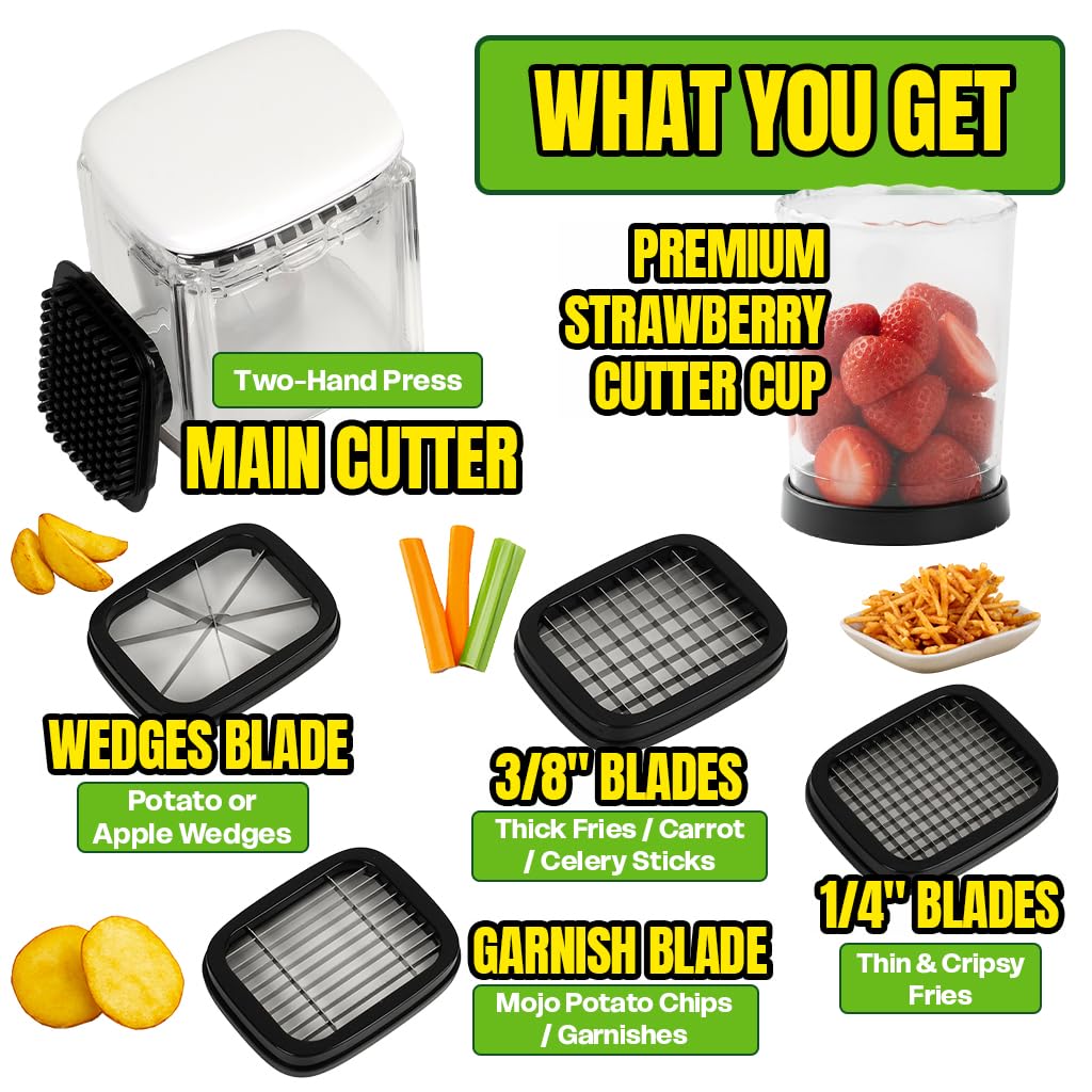 All-in-One French Fry Cutter for Potatoes and Strawberry Slicer – 4 Blade Fruit & Vegetable Slicer, Premium Chopper with Wedge, Garnish, and Strawberry Cutter Cup