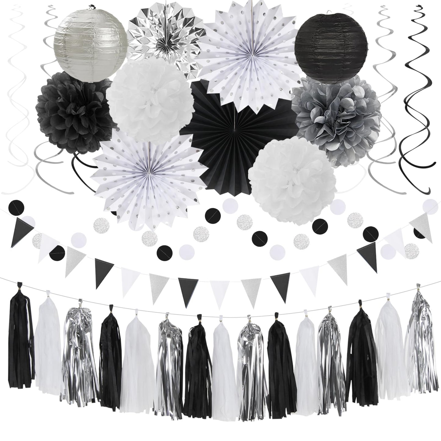 Black White-Silver Party-Decorations - 33pcs Kits Banner,Graduation Streamer Tassel Garland,Tissue Pom Poms Honeycomb,Paper Lantern Fans,Birthday Wedding Baby Bridal Shower New Years Decor Hugtmr