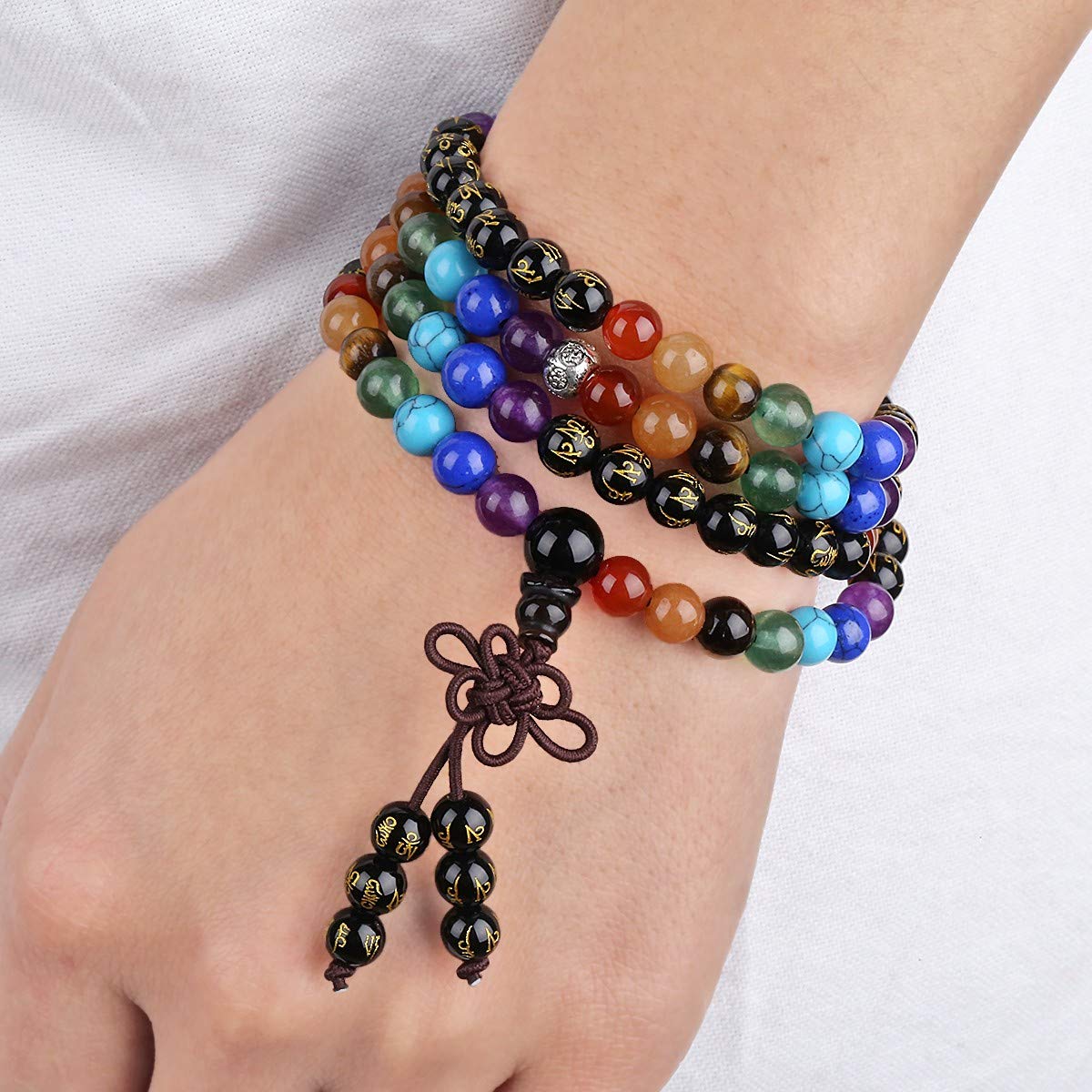TUMBEELLUWA 6mm Stone Beads Bracelet for Women and Men, 108 Mala Prayer Beads Necklace for Unisex Elastic, Black Obsidian Chakra Bracelet