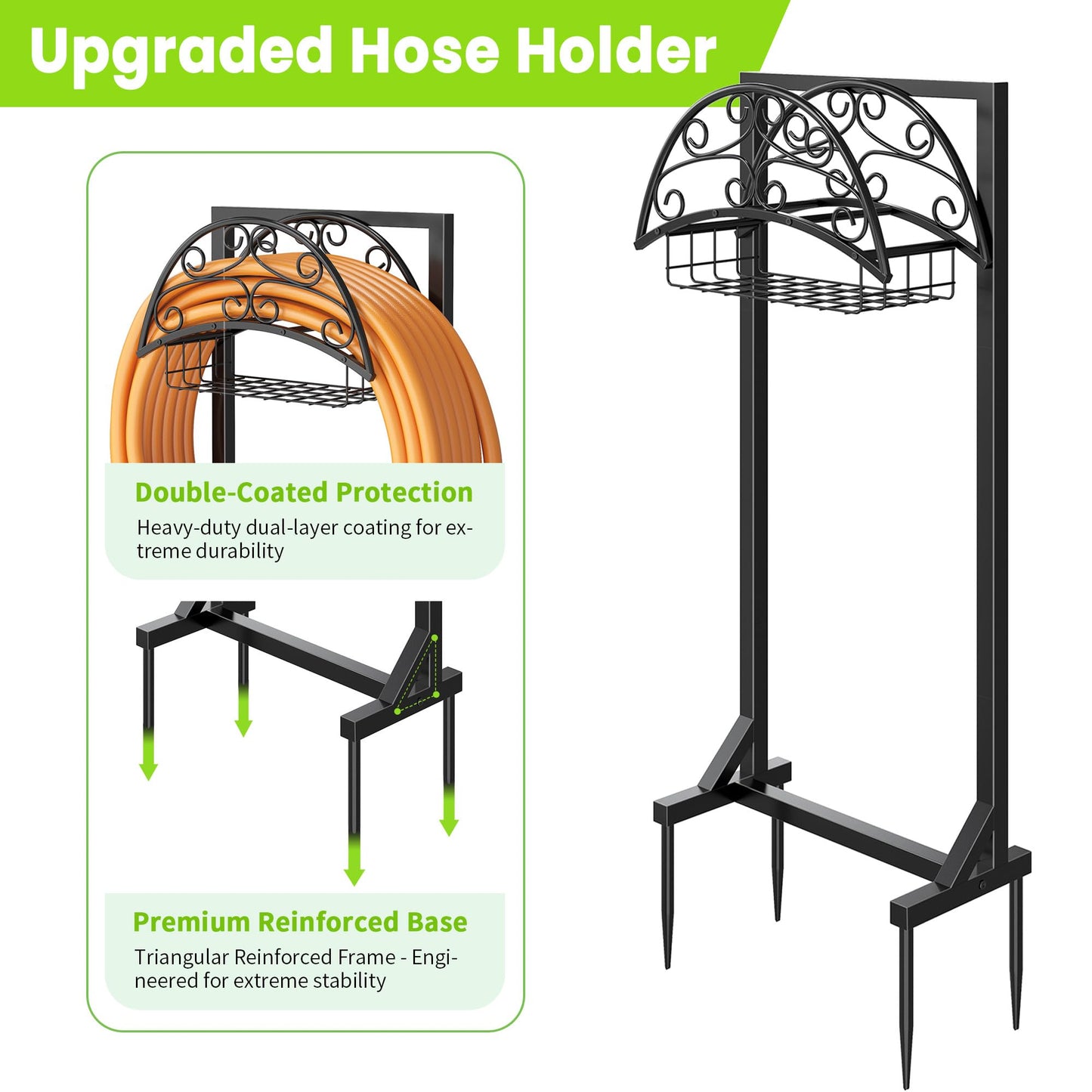 Silvonte Garden Hose Holder – Freestanding Water Hose Stand with Storage Basket, Sturdy Metal Hanger Heavy-Duty Garden Storage Rack for Outside, Supports 151FT