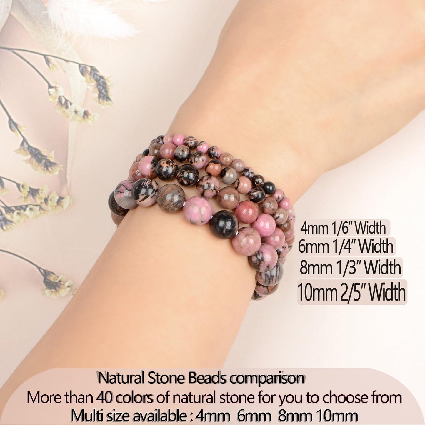 LPBeads Handmade Natural Gemstone Stretch Elastic 4mm Pink Black Rhodonite Bracelet Healing Crystal Round Stone Beads Jewelry Gifts for Women Men