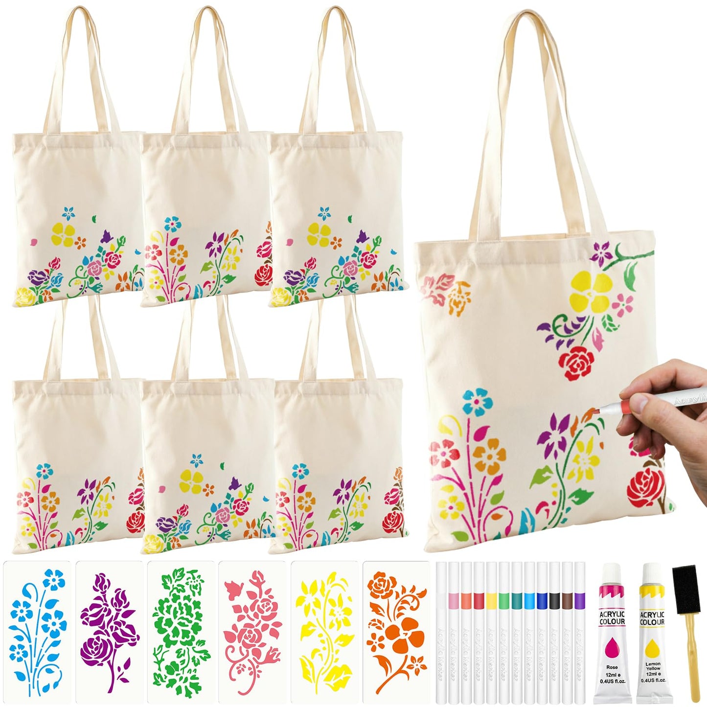 Cinrobiye 6 Pack DIY Canvas Tote Bag Craft Kit with Painting Supplies, Blank Cotton Reusable Bags for Floral Painting, Handmade Gifts, Mother’s Day, Teacher Appreciation, Party Craft Activities