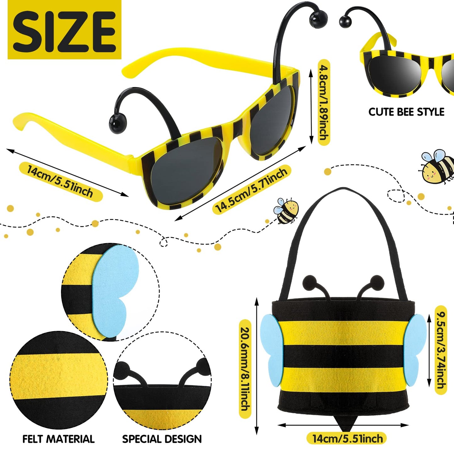 Haull 7 Pcs Adult Bee Costume Kit Men Bumble Outfit Bee Glasses Headband Basket Accessories Funny Halloween Cosplay Party(XX-Large)
