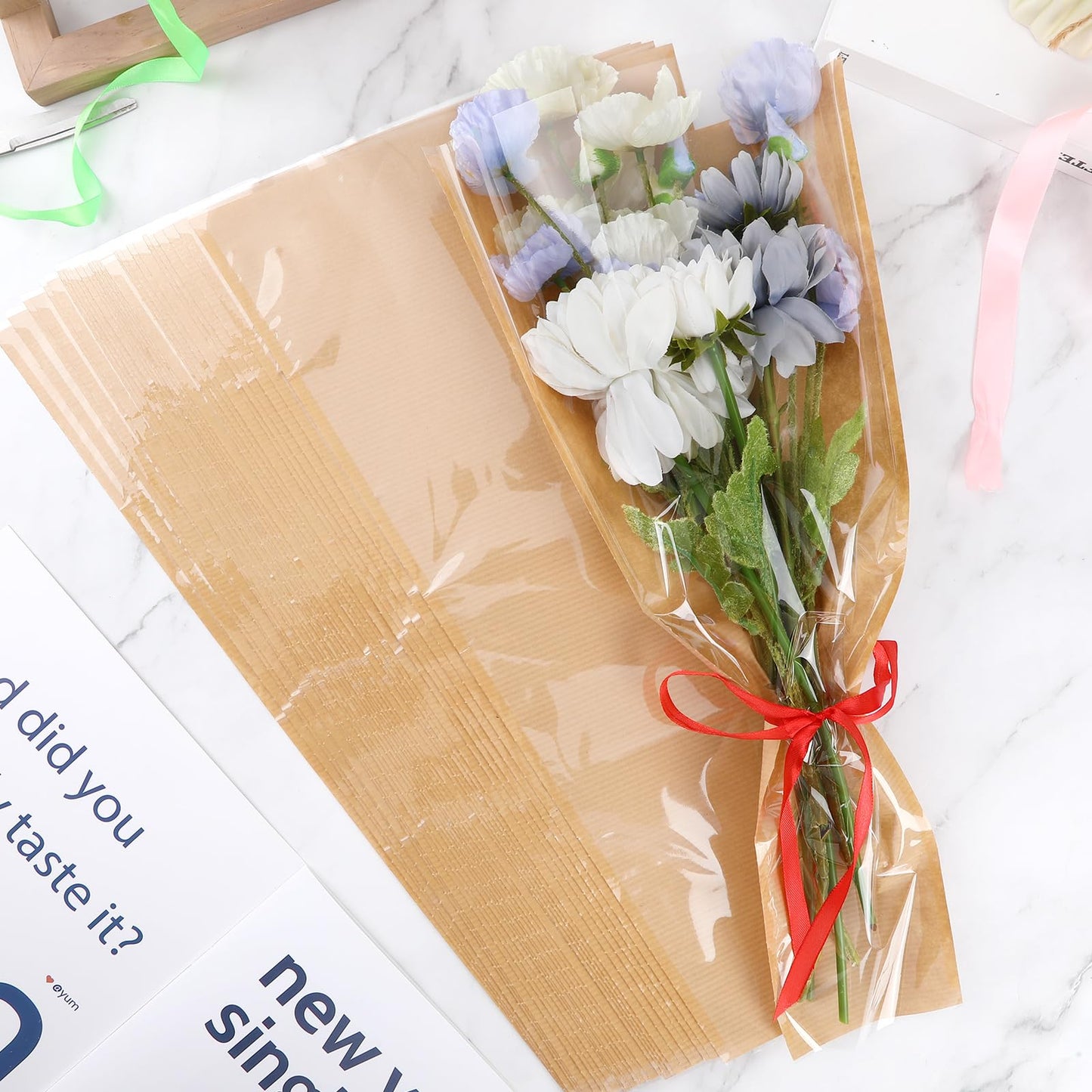 Jansun 100Pcs Flower Wrapping Bags Kraft Paper Flower Sleeves for Bouquets Flower Bags for Birthday Wedding Graduation Gift, Florist Wrap Supplies 9.8x17.9 Inch