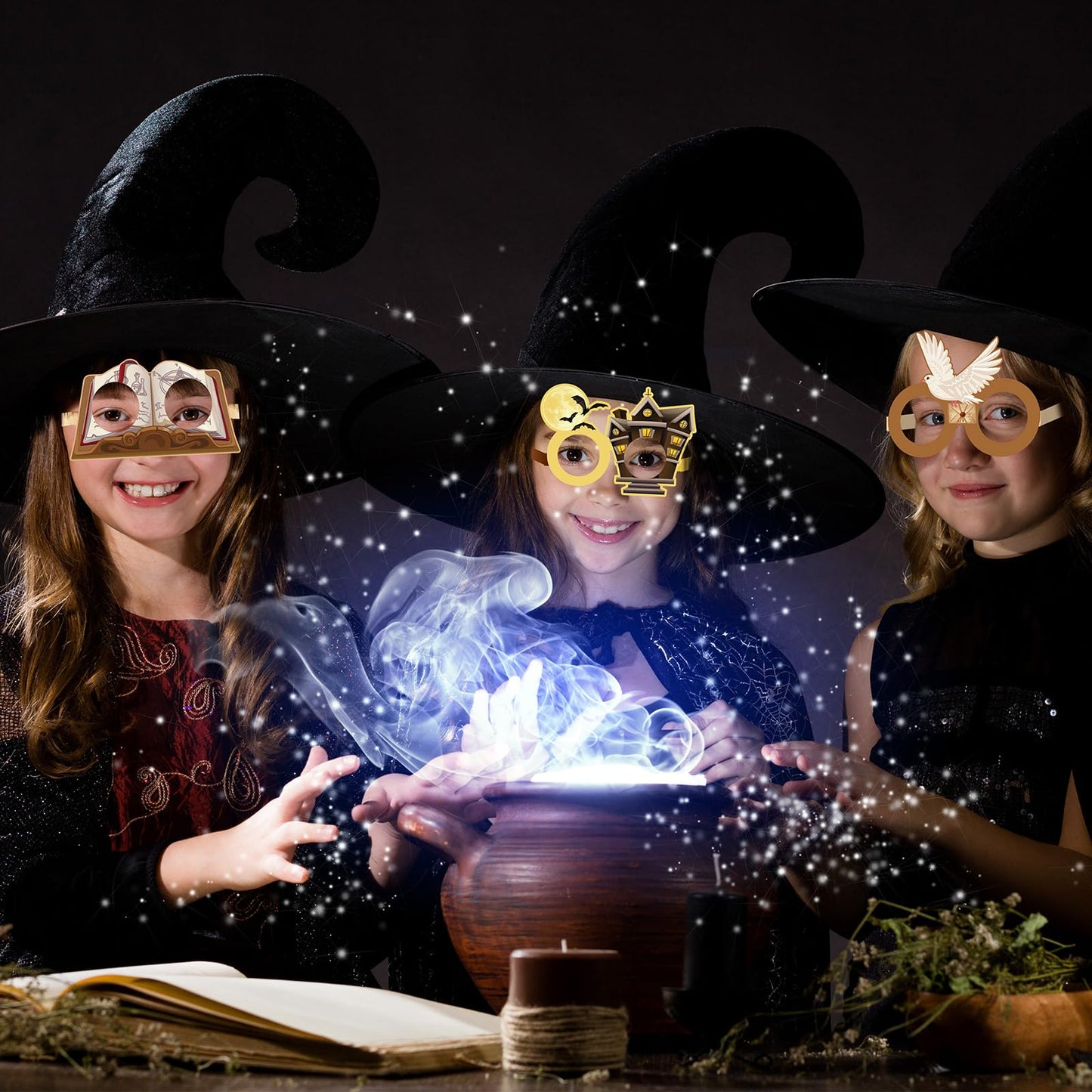 Harrycle 32 Pcs Halloween Wizard Party Decorations Paper Eyeglasses Wizard Photo Prop Glasses Frame Costume Supplies for Halloween Birthday Party Favors