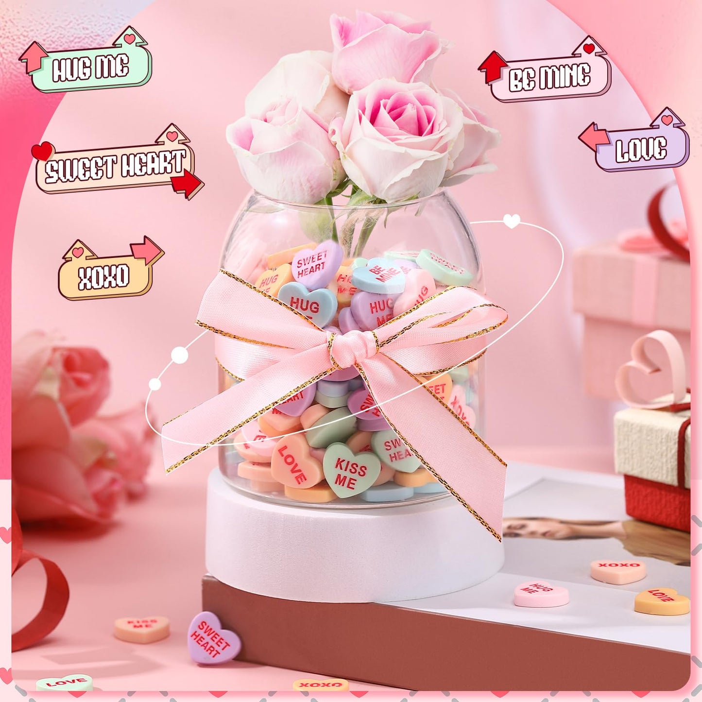 Threehoney 120 Pcs Conversation Hearts Vase Filler Valentine's Day Heart Ornament for Floating Candles Candy Love Centerpiece for Valentine Wedding Home Table Party Decor, No Water Gel, Macaron