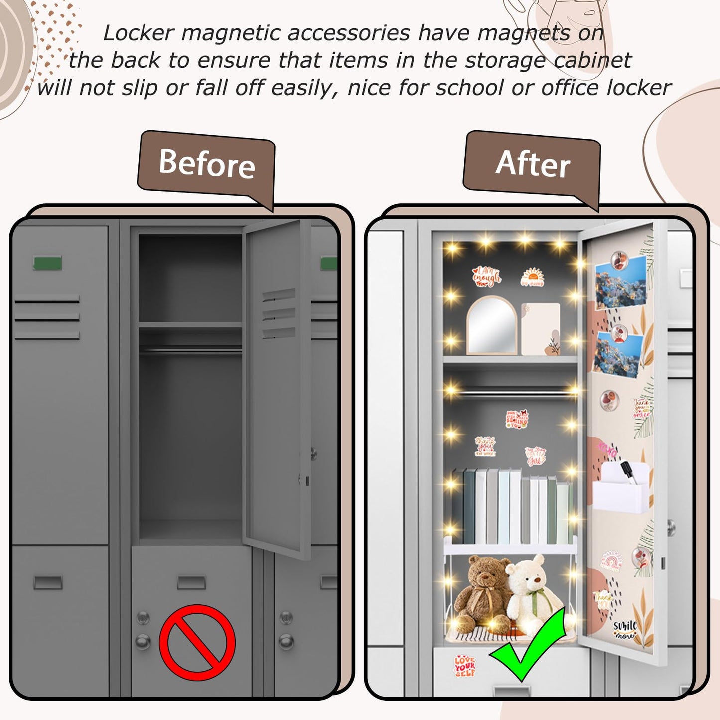 CroBlissful School Locker Accessories for Girls First Day of School Essentials Locker Decoration with Magnetic Wallpaper Mirror Pen Holder Shelf Faux Fur Rug Whiteboard Marker Magnets(Boho)