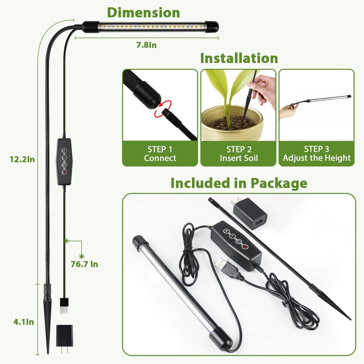 Juhefa Grow Light for Indoor Plants Growing, 6000K Full Spectrum Gooseneck Plant Lamp for Seedings Succulents Small Plants, Auto On/Off Timing & 5 Dimming, 1-Pack
