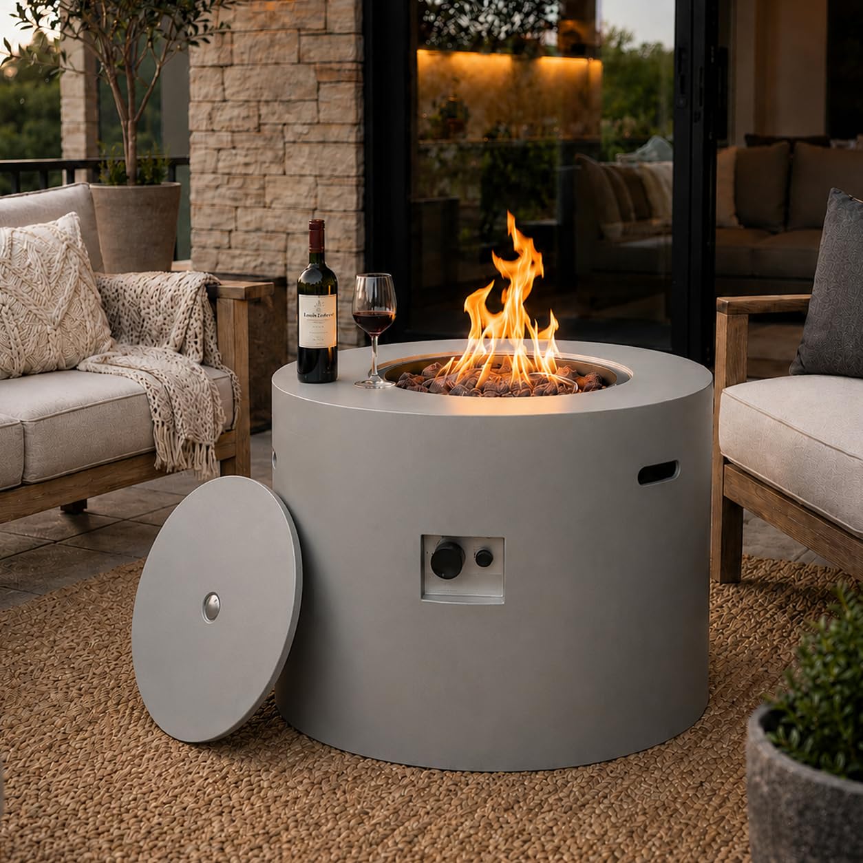 32" Smokeless Propane Fire Pit Table with Lid, Alloy Steel Round Outdoor Patio Dining Firepit 50,000 BTUs, Lava Rocks, Weatherproof Cover, CSA Safety Certified, for Wooden Deck, Backyard Pool, Grey