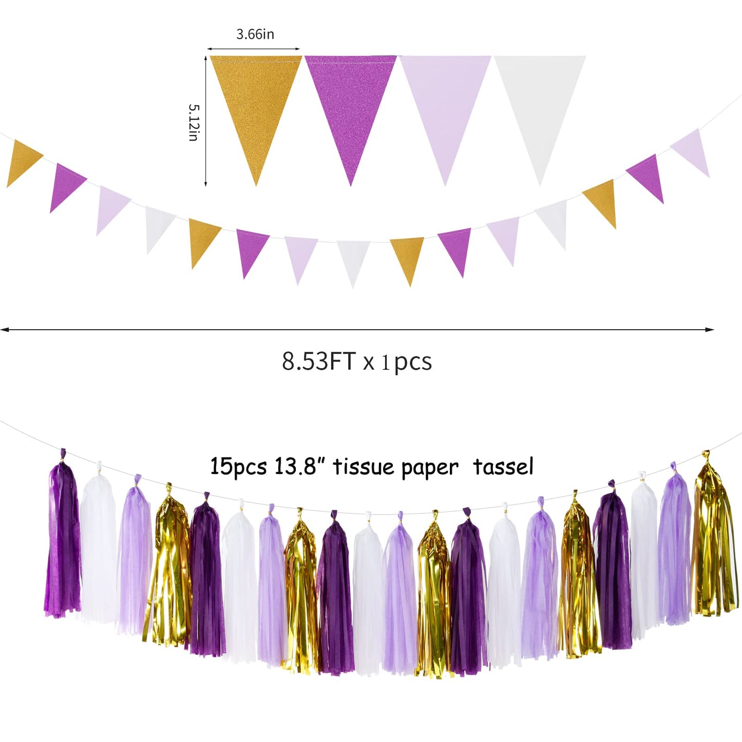 Purple Gold Graduation Decorations - 30pcs Kits Lavender White Paper Flowers,Banner Flags,Tassel Streamer Garland Engagement Girl Baby Bridal Shower Party Decoration Lasting Surprise