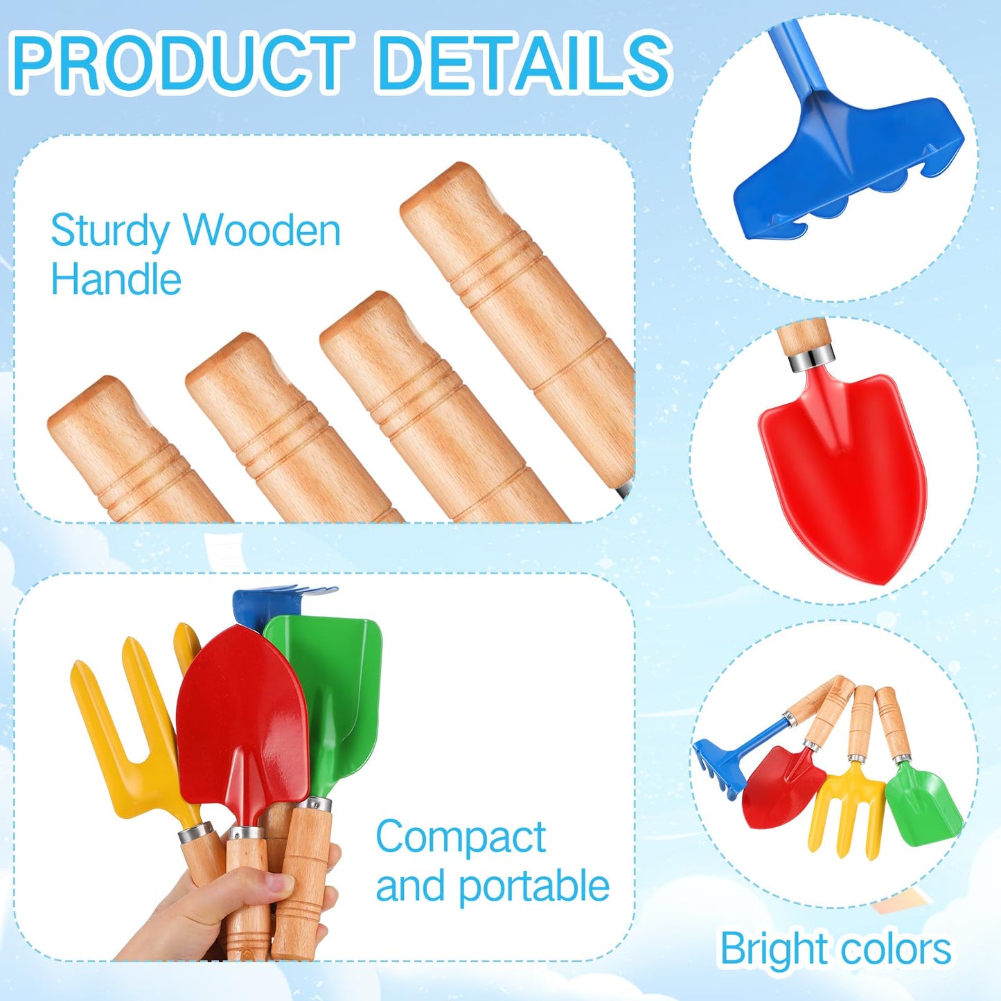 Motionchic 8" Kids Gardening Tools, Metal Beach Sandbox Digging Toys with Wooden Handle, Including Shovel, Rake, Fork and Trowel, Garden Sand Snow Tools for Children Gift Outdoor Gardening(24 Pcs)