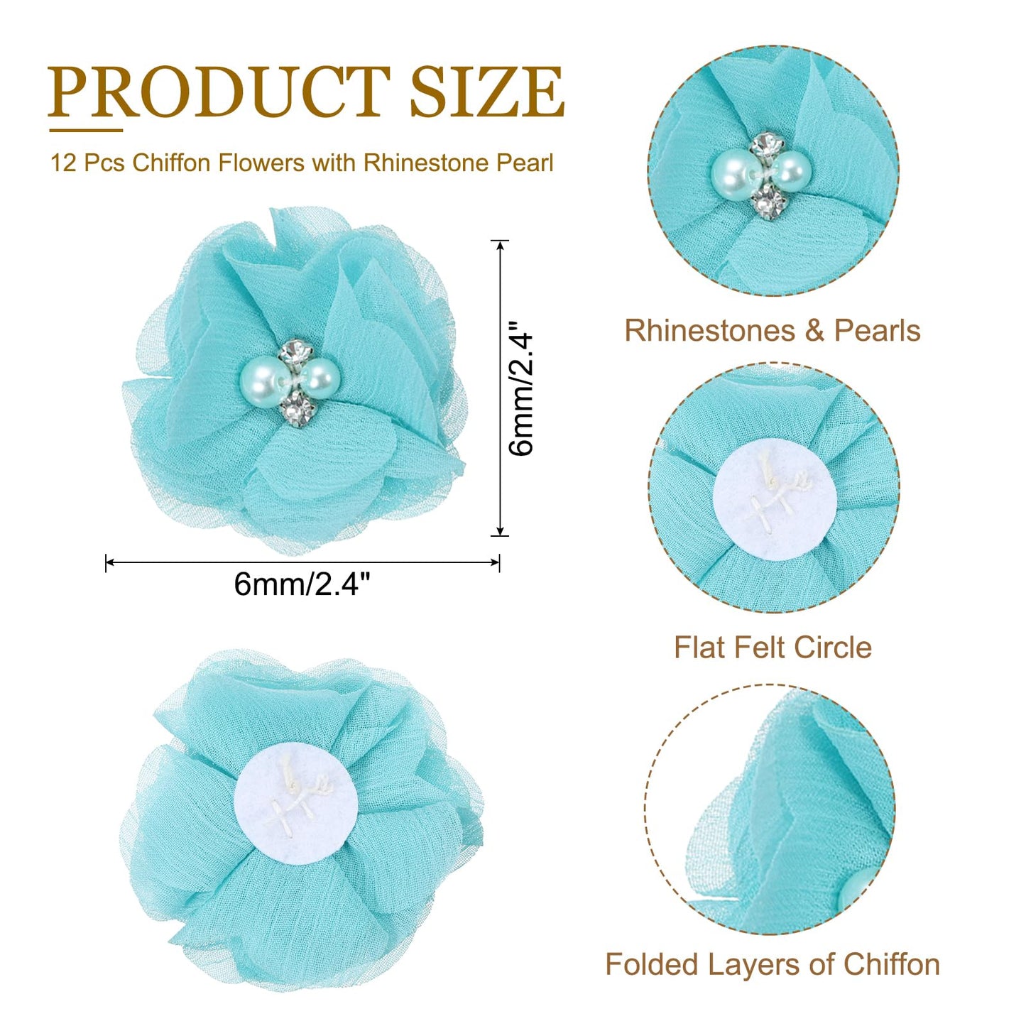 PATIKIL 2 Inch Chiffon Flowers, 12 Pcs Rhinestone Pearl Sewing Fabric Flowers Artificial Appliques Embellishments for Clothing Wedding DIY Craft Headbands Decor, Teal