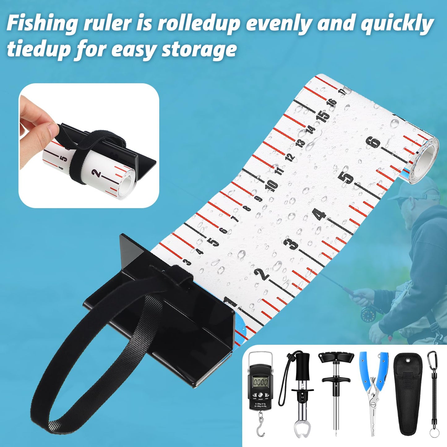 VioraWhite 7 Pcs 47 Inch PVC Fishing Ruler Bundle with Fishing Tools Easter Gifts for Men Anglers Loves Waterproof Roll-up Tape with Plier, Gripper, Hook Remover, Scale for Boat Kayak