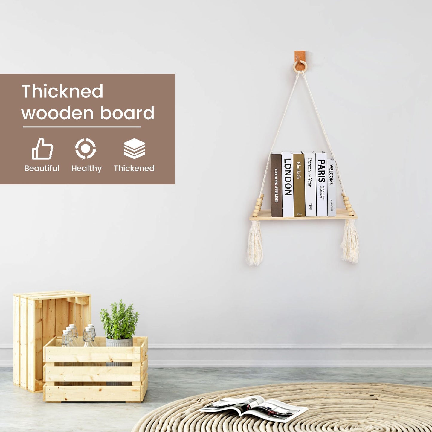 Chissen Bohe 2 Pack Wooden Wall Hanging Shelves, Macrame Plant Wall Shelf with Tassel, Storage Floating Shelves for Books Photos,Wall Shelves for Living Room,Bedroom, Handmade Stand Holder Home Decor