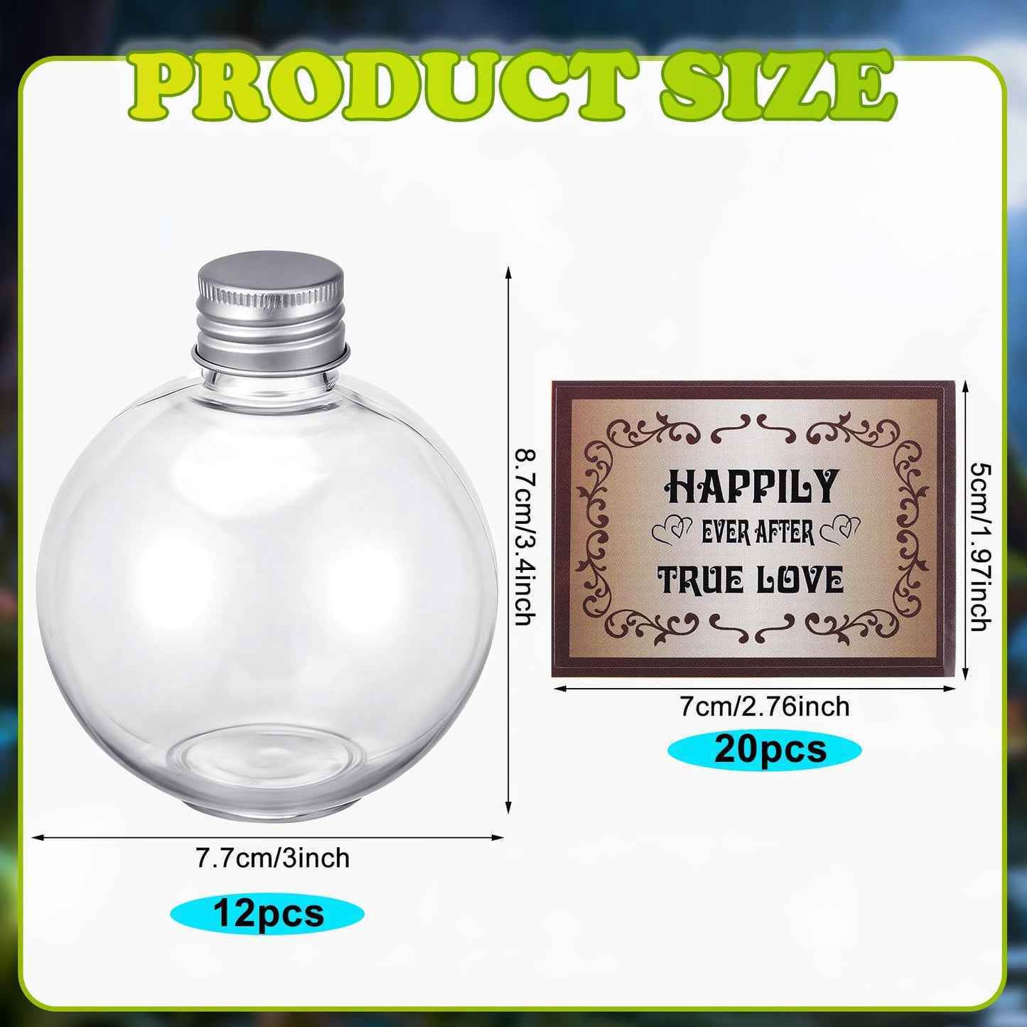 Gandeer 12 Pcs Green Ogre Party Favors Spherical Plastic Potion Bottles Magic Booze Balls Cocktail Ornament Happily Ever After True Love Labels for Wedding Party Crafts Fantasy Decorations (8.45 oz)
