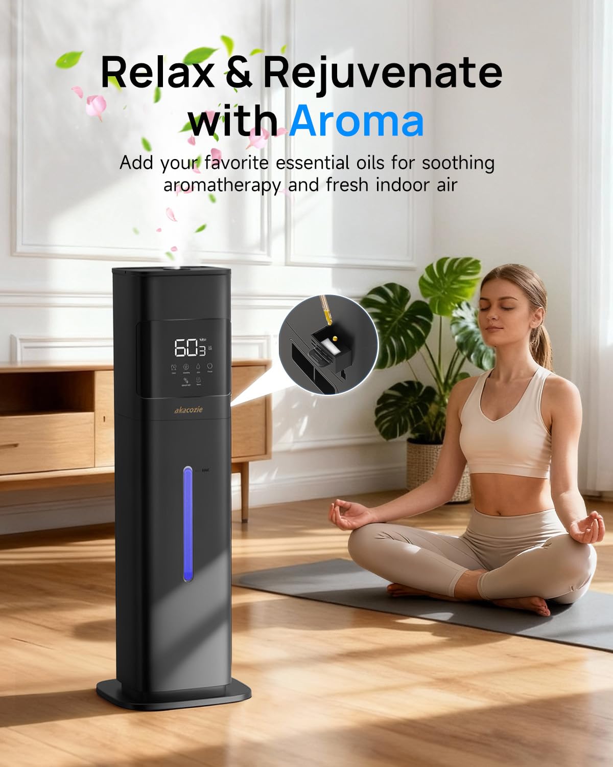 Akacozie Warm & Cool Mist Humidifiers for Bedroom 500 sq ft, 2.1Gal/8L Top-Fill Humidifier Large Room with Essential Oil Diffuser, Large Room Humidifiers for Home Baby Nursery Office Plants, Black