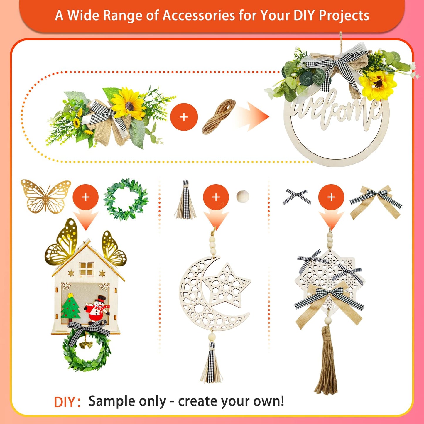SNAIL GARDEN 6PCS Plywood Sheets with 37PCS DIY Wreath Making Kit, 12"x12" Craft Wood for Laser Cutting & Engraving, Includes Hemp Rope, Wood Beads, Bows for Home Decor Craft