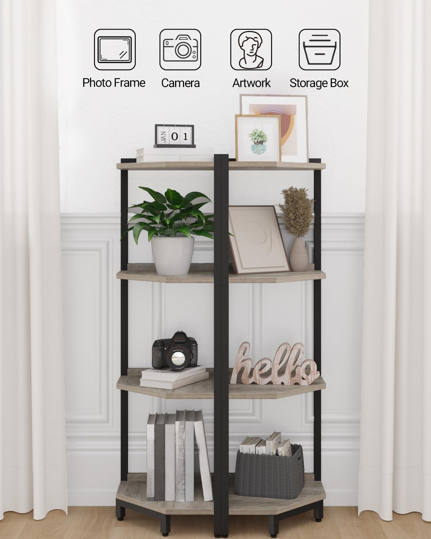 Hzuaneri Corner Shelf Stand, Corner Bookshelf, Storage Standing Shelf Unit with Metal Frame, Plant Stand, Bookcase for Living Room, Home Office, Bedroom, 4-Tier Greige CS05805B