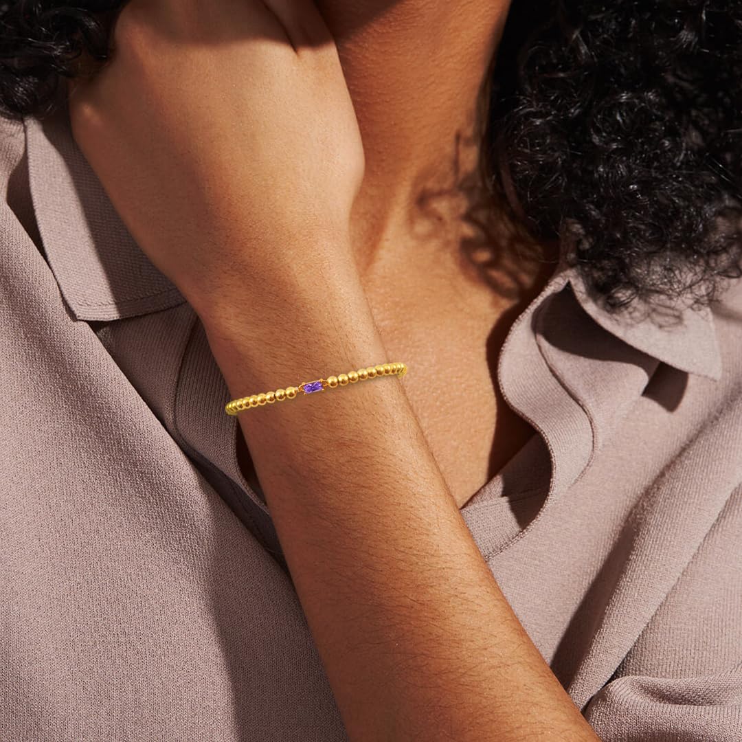 Free bird Amethyst Bracelet for Women 14K Gold Plated February Birthstone Bracelet Simple Gold Bead Bracelets for Women Trendy Gold Bracelets for Birthday Gift