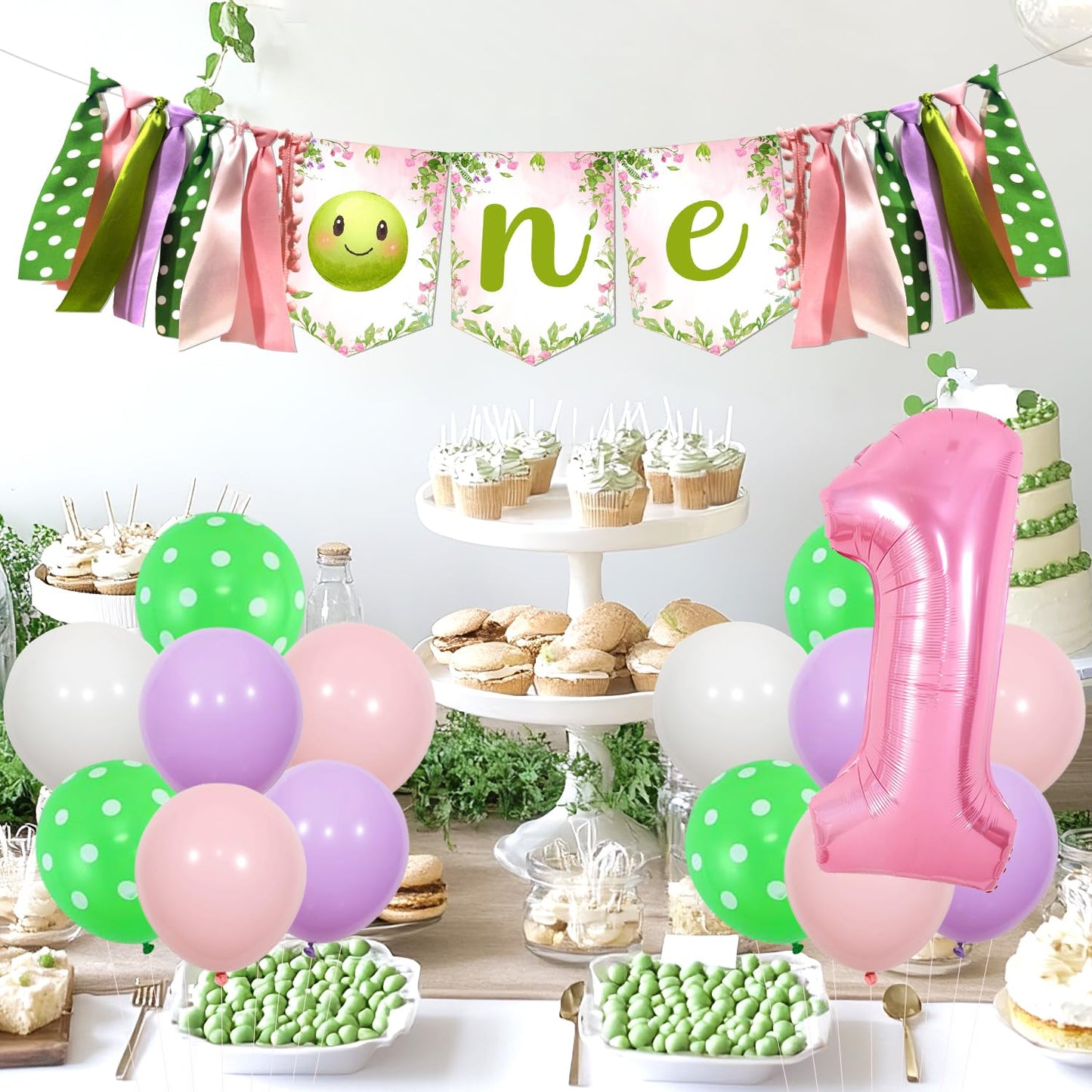 One Sweet Pea Birthday Decorations Pink, Sweet Pea Themed 1st Banner High Chair Banner and Cake Topper Latax Ballons and Number 1 Foil Ballon Kit for Pea First Birthday Party Supplies