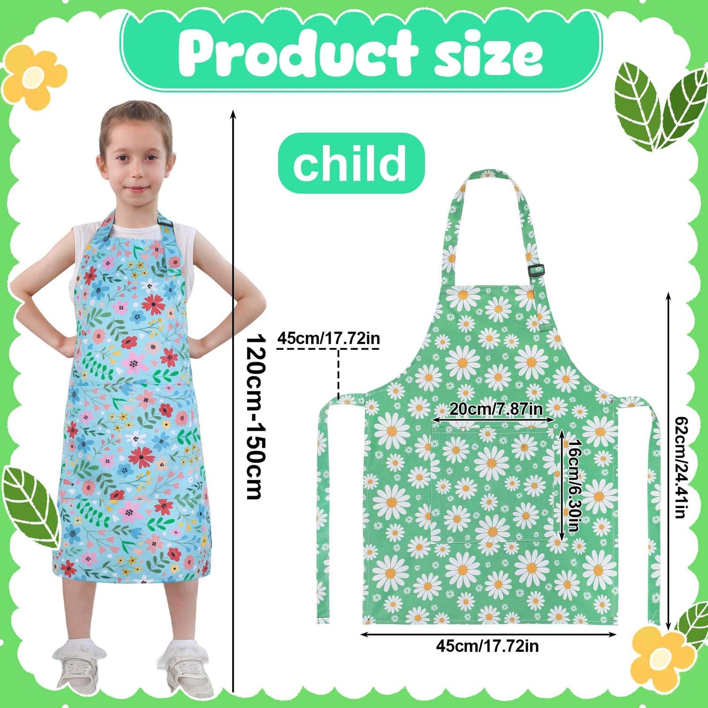 XLSXEXCL 2 Pack Kids Apron, Cute Floral Aprons, kids Aprons for Cooking Waterproof Art Apron with Pockets, Toddler Painting Artist Apron Adjustable for Boys and Girls for Painting Cooking Baking