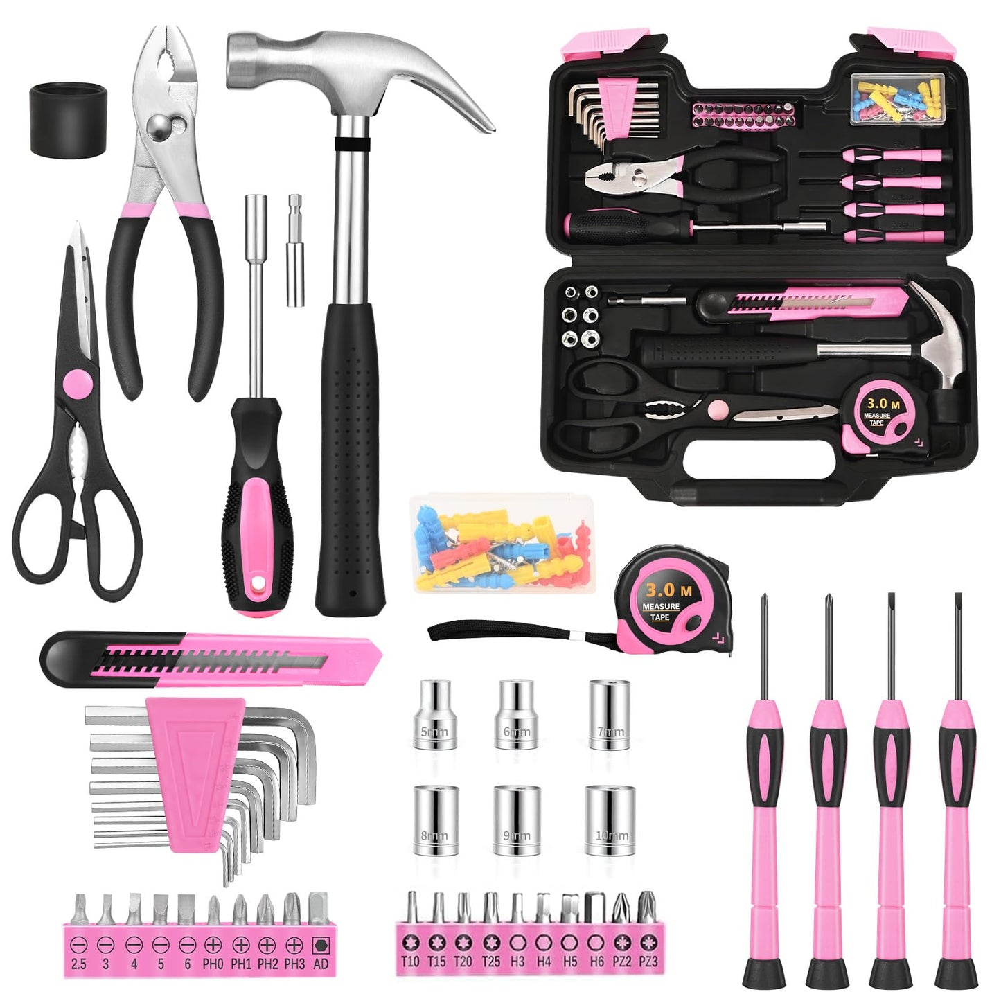 132 Piece Pink Tool Set, Womens Tool Kit for House, All Purpose Tool Kit for Home & Women, Small Home Repair Tool Set with Plastic Storage Toolbox for Garage, Office, College Dormitory, DIY Projects