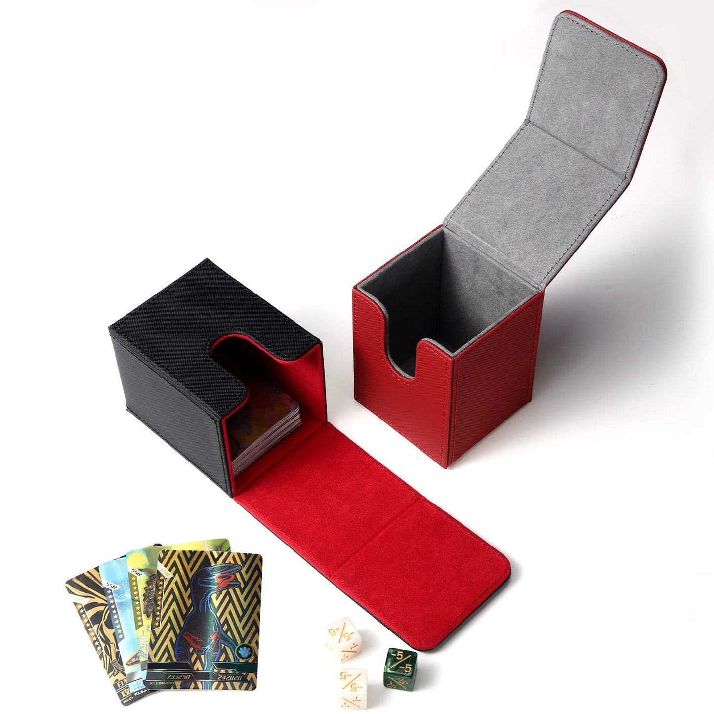 Weewooday 2 Boxes Leather Deck Card Boxes Large Size Fit 100 Plus Sleeved Cards Deck Game for Collectible Playing Compatible with Mtg Tcg(Vertical,Black Red, Red)