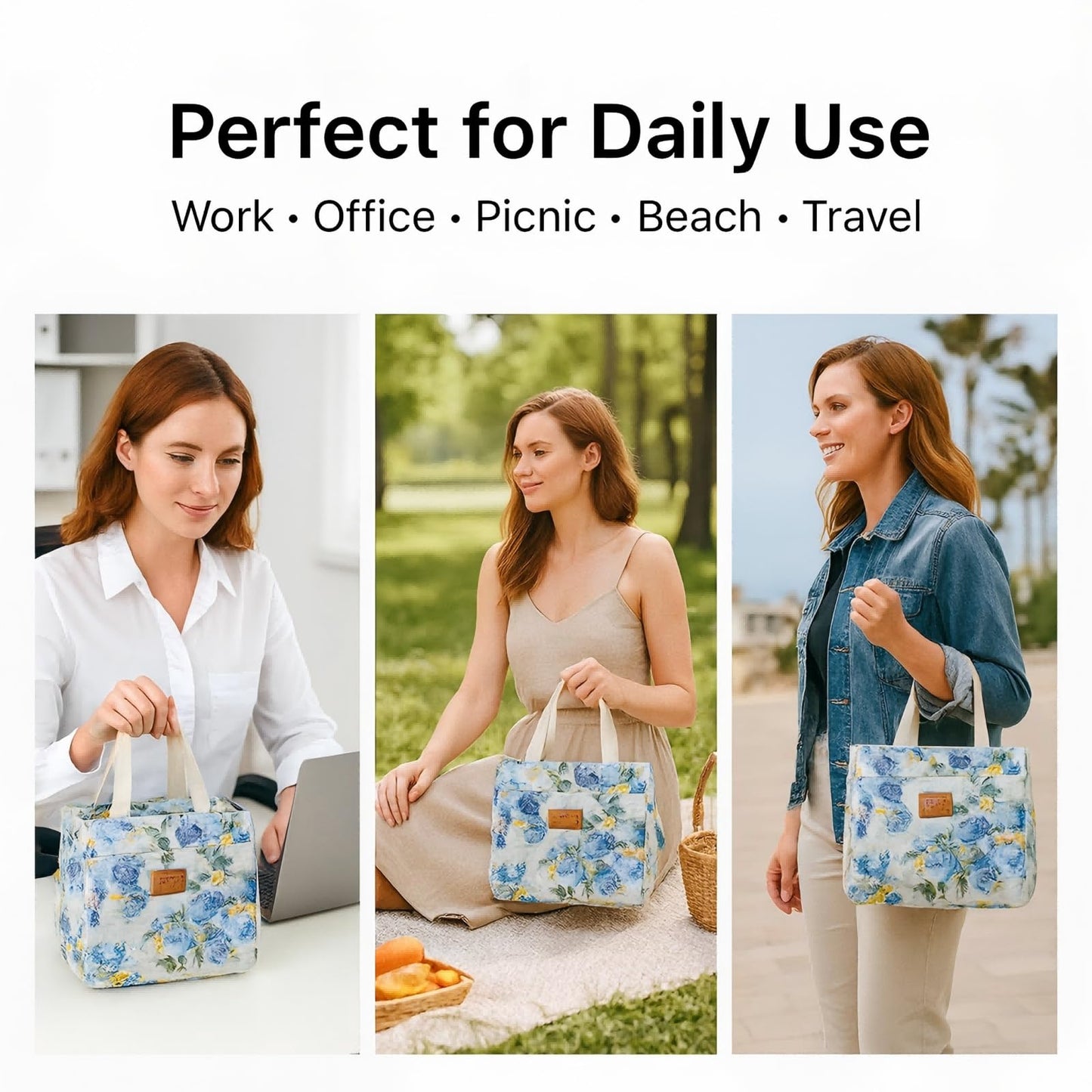 OIMEI Insulated Lunch Bag for Women Men, Reusable Waterproof Cooler Tote with Zipper, Lightweight Lunch Box for Work, Office, Picnic, Travel, Daily Use – Blue Floral