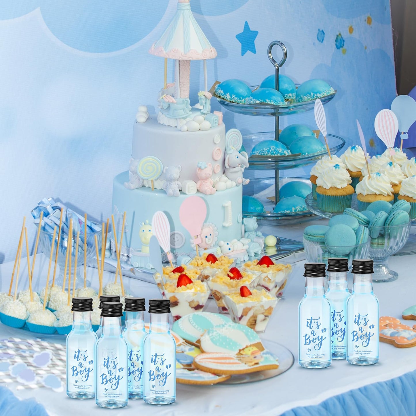 Boao 50 Pcs Baby Shower Favors for Guests Include 50 It's a Boy 1.7oz Mini Empty Plastic Alcohol Shot Bottles with 1 Funnel Baby Shower Return Gift for Guests Gender Reveal Gifts Ideas
