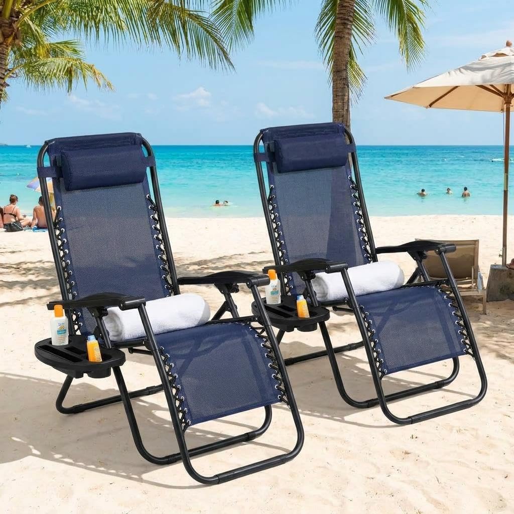 Garvee Outdoor Reclining Lounge Chair Set of 2 with Cup Holder & Padded Headrest, Adjustable Patio Folding Chairs, Heavy Duty Portable Camping Lawn Chairs for Pool, Backyard, Beach, Deck Blue