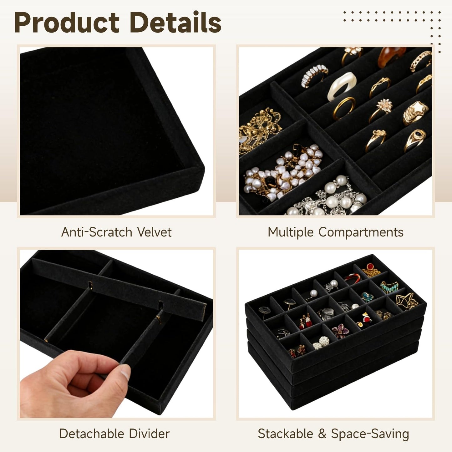 Homaisson Jewelry Drawer Organizer, Velvet Jewelry Tray, Multiple Compartment Layout, Set of 4 Jewelry Organizer for Rings, Earrings, Bracelets, Necklaces (Black)