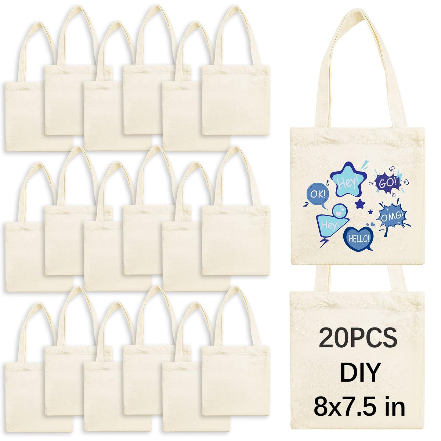 OKBA 20 Pcs 8X7.5 Inch Sublimation mini tote bags,Blank Canvas Tote Bags Reusable Grocery Bags, small bags for kids DIY (Beige)