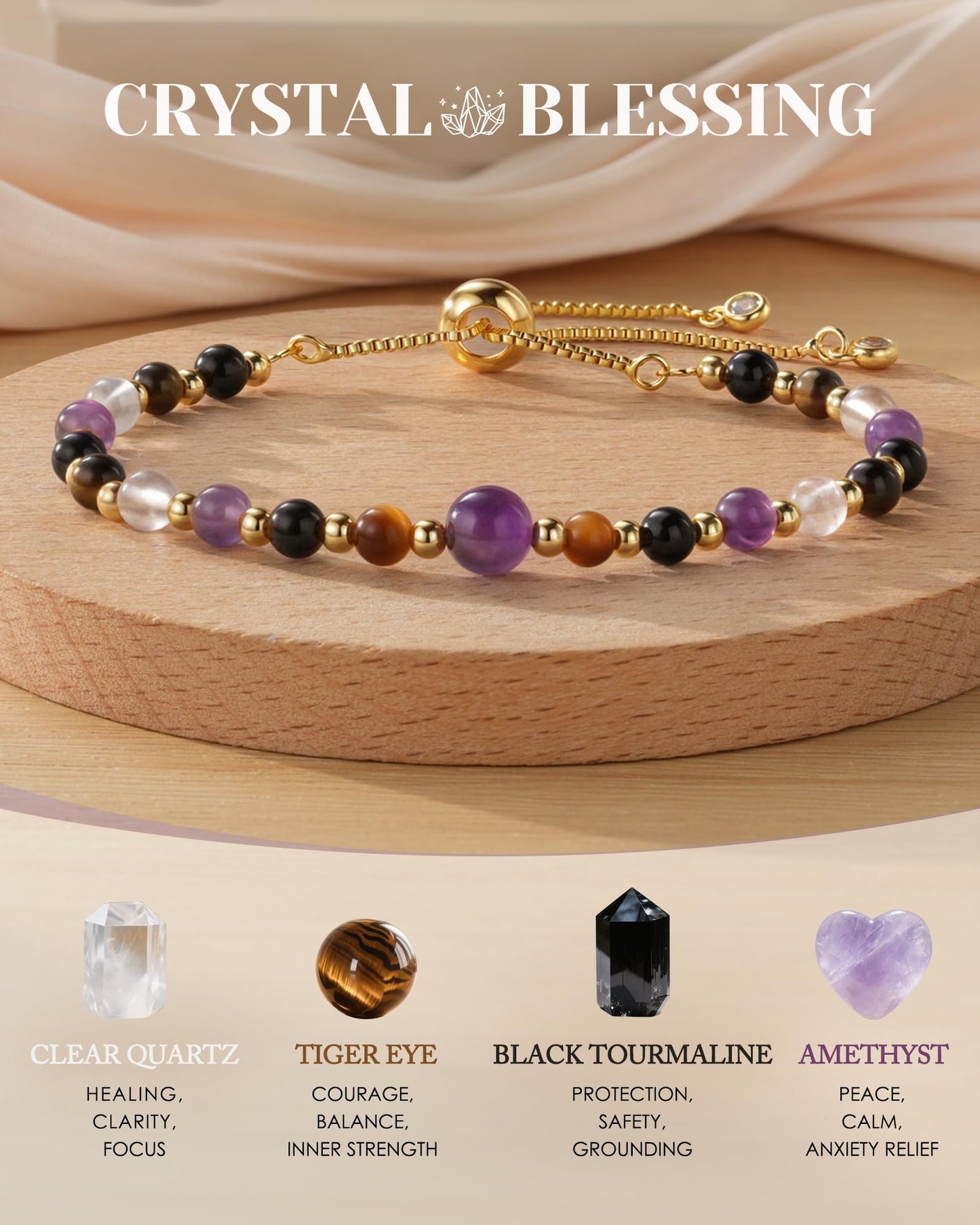 HGDEER Anxiety Relief Items Beaded Bracelets for Women Stress Crystal, Healing Amethyst Tigers Eye Depression Jewelry Fashion Gemstone Purple Stone Anti Tourmaline Natural Gifts Panic Attack Mental