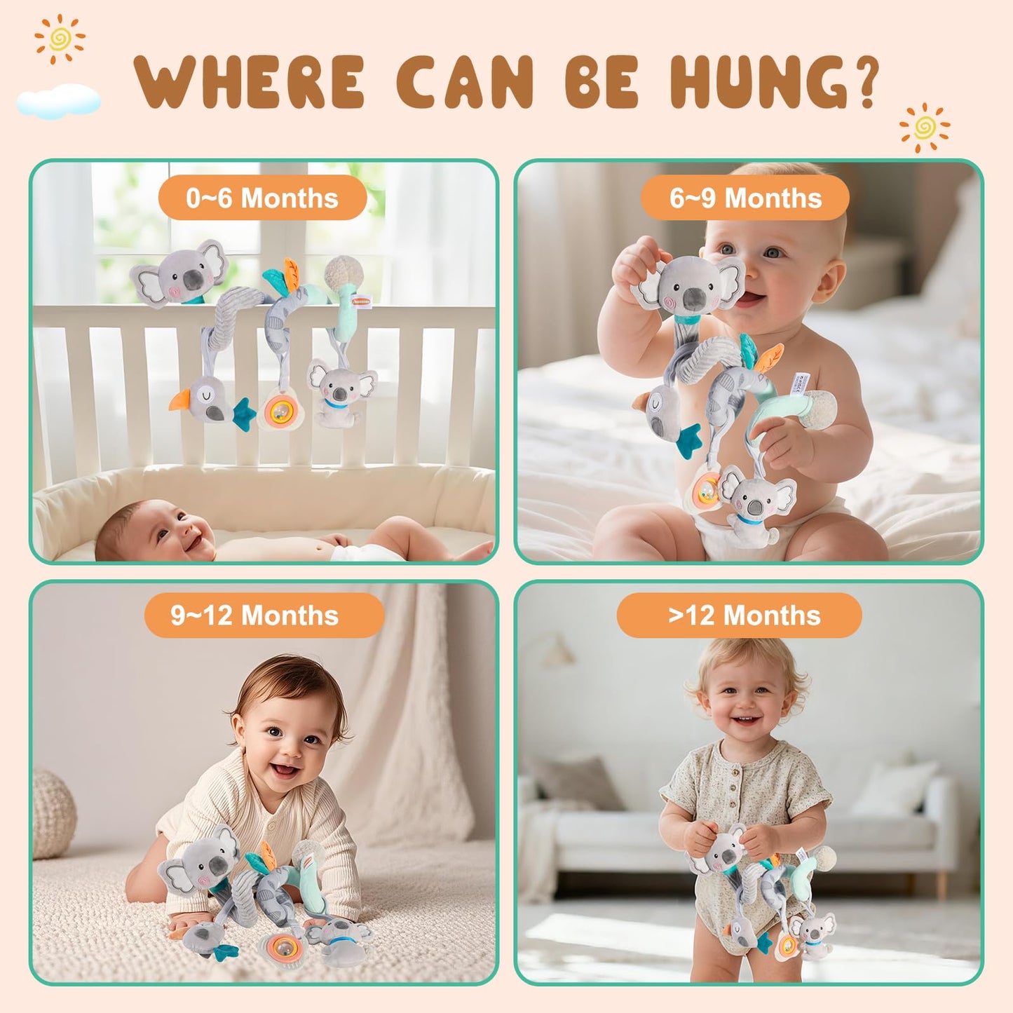 JINBOBUBU Baby Spiral Car Seat Toy, Stroller Hanging Sensory Toy for Newborn 0-12 Months, Soft Plush with Rattle Crinkle Teether, Koala Bird Activity Toy for Infant Boys Girls