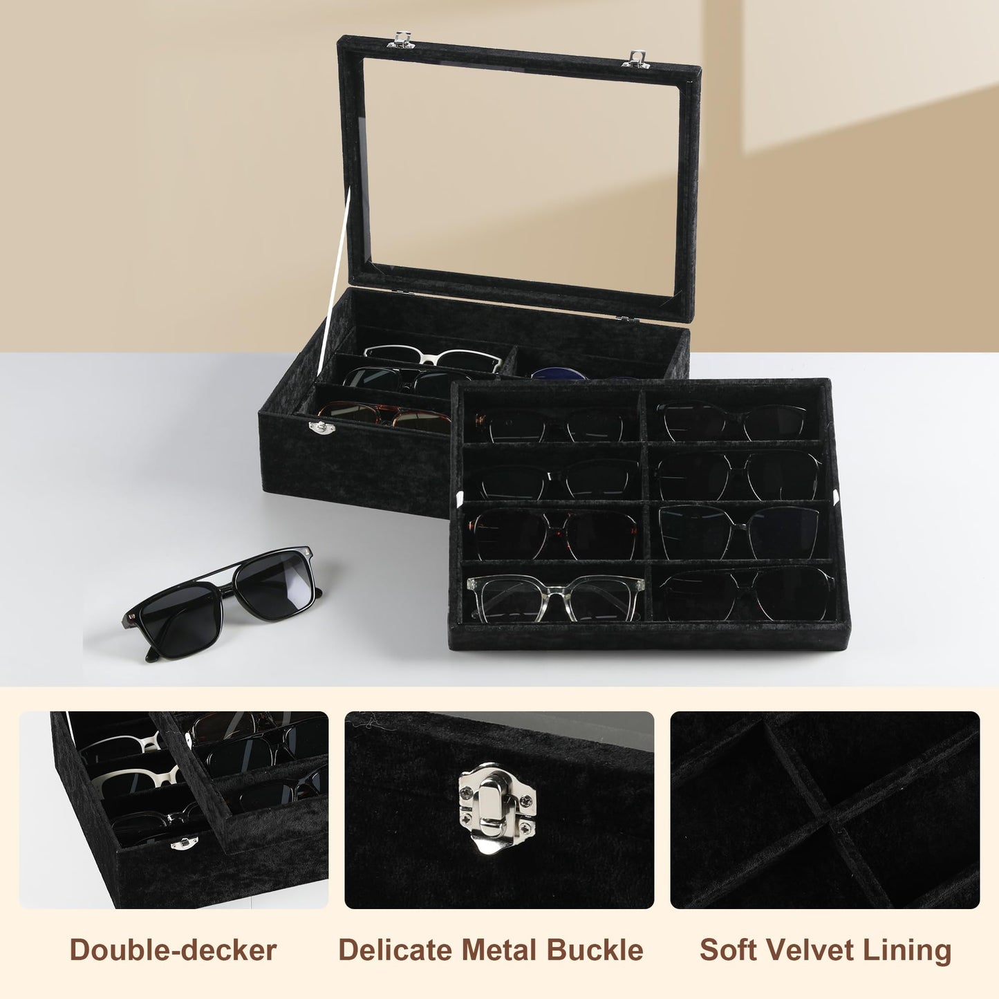 Frebeauty 16 Slots Sunglasses Organizer,2 Layer Velvet Sunglasses Tray with Glass Lid,Multiple Pairs Sunglass Display Case for Man or Woman,13.7 * 10.25 * 4.1 Inches Eyeglass/Eyewear Box (Black)