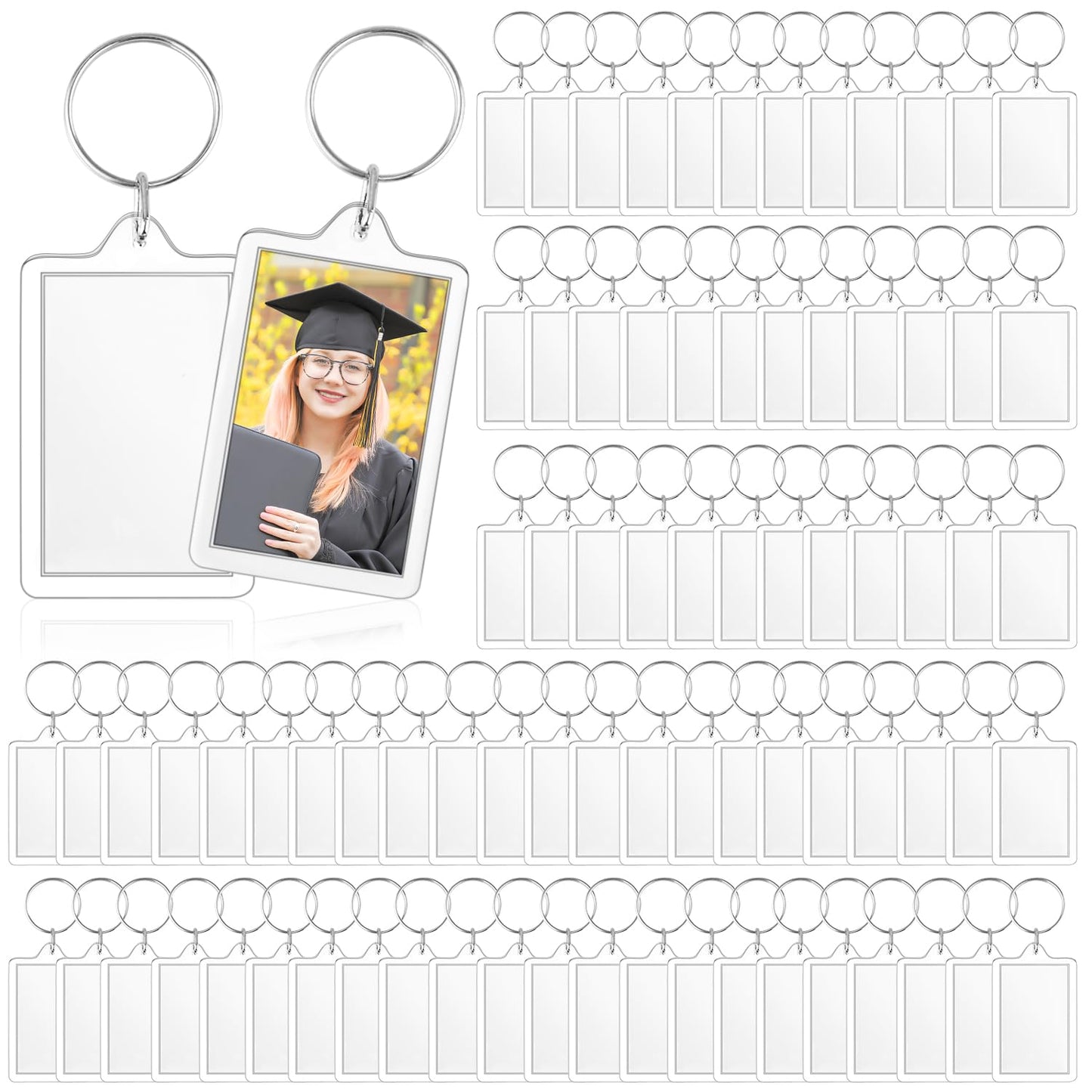 150 PCS Blank Photo Insert Keychains,Translucent Acrylic with Split Key Rings for Double-Sided Photos,Small Pendant Picture Frames for Family, Friends,DIY Gifts & Craft(Fit 1.1 × 1.8inch Pic）