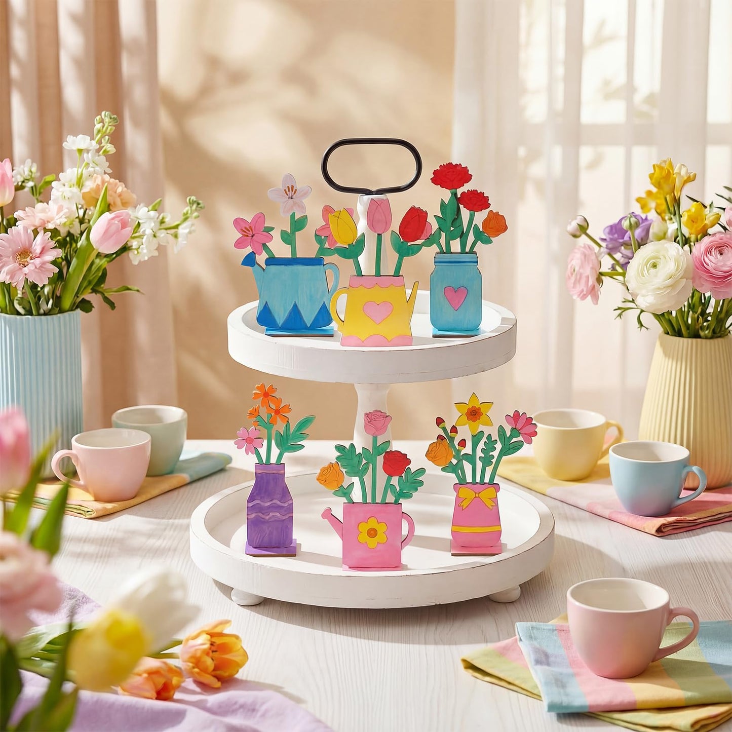 DoubleFill 34 Pcs Wooden Flowers DIY Craft Kit Self Standing Wood Spring Crafts Unfinished Wood Flower Slices Spring Flower Ornament to Paint Cute Tabletop Decor for Party Gift Activities Art Project