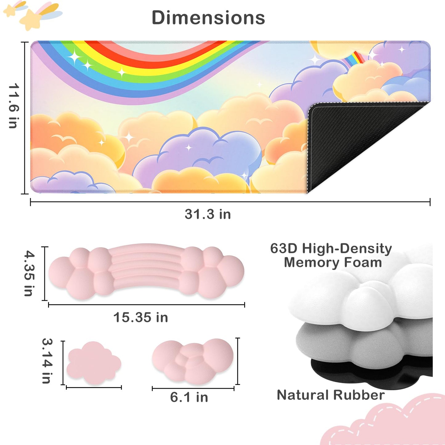 ATTACK SHARK Cloud Wrist Rest Mousepad Set for Gaming Keyboard and Mouse(31.3x11.6in) XXLarge Desk Mat Gel Wrist Support,PU Soft Memory Foam,Pain Relief,Non Slip Office Supplies for PC/Laptop-Pink