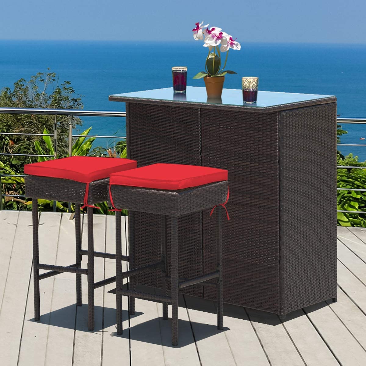 Giantex ReunionG Outdoor Patio Bar Set, 2 Cushions Stools & Glass Top Table, Bar Rattan Set 3-Piece Wicker Bar Stools & Table with 2 Storage Shelves for Lawn Pool Backyard Garden Porches (Red)